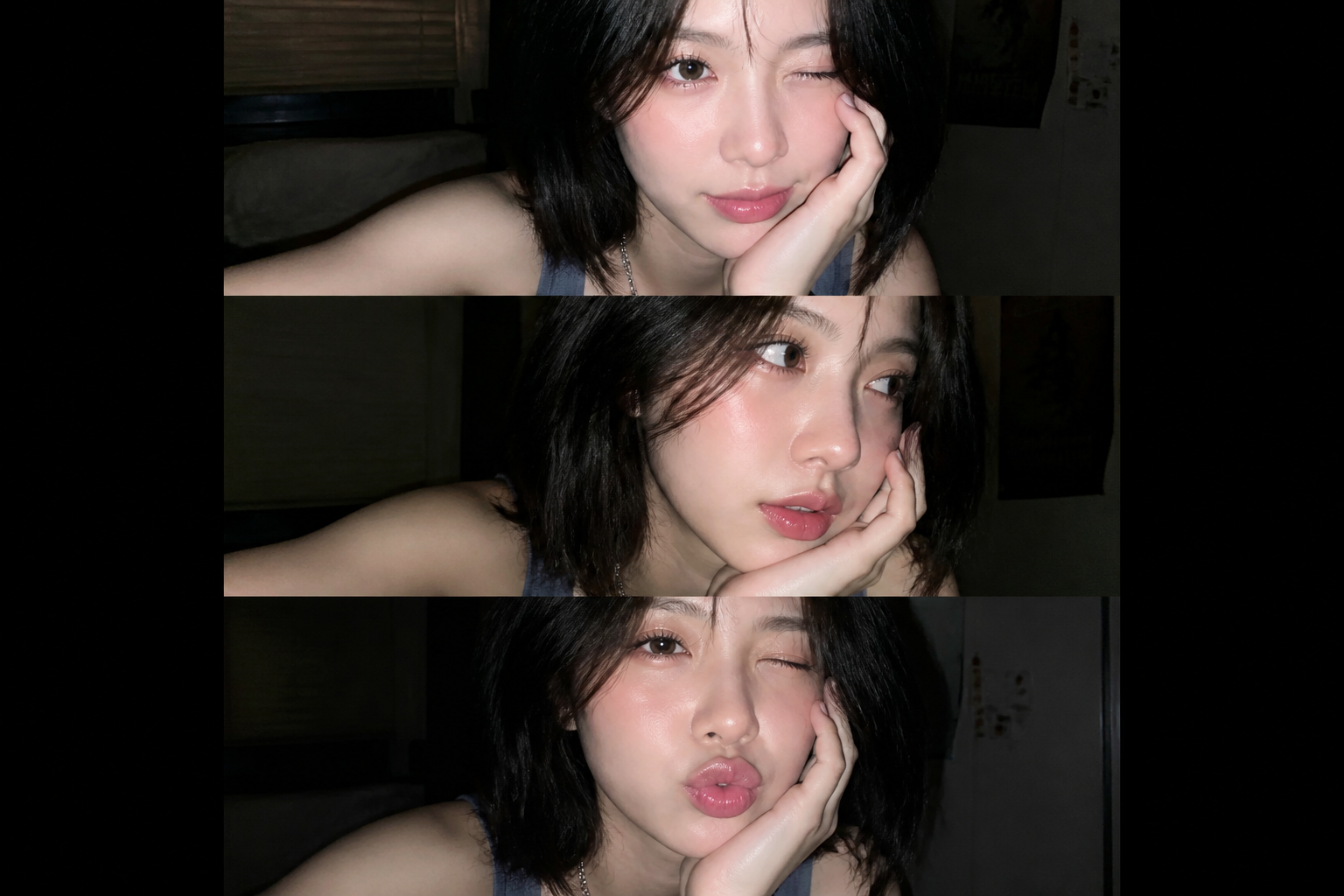 Ultra-realistic late-night flash selfie collage, three stacked mobile phone photos. Young…