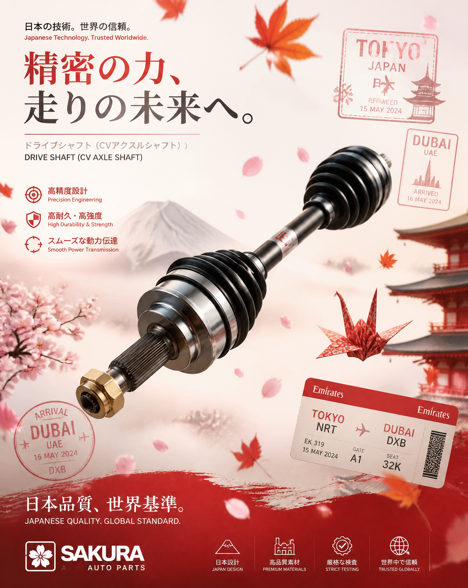 Japanese technology auto-spare parts poster inspired by Japan, featuring a floating CV ax…