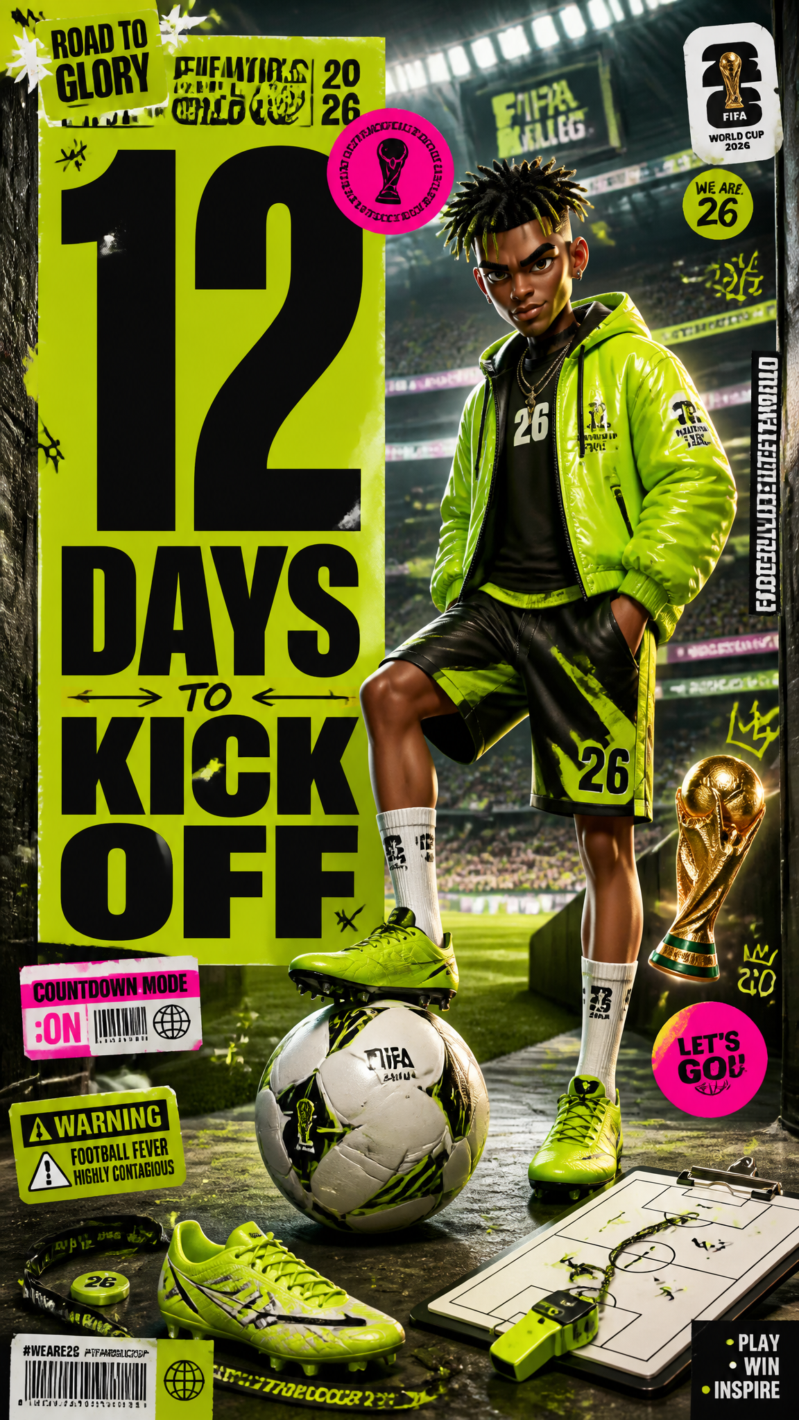 WORLD : acid-lime futuristic 3D streetwear lab poster, bold editorial