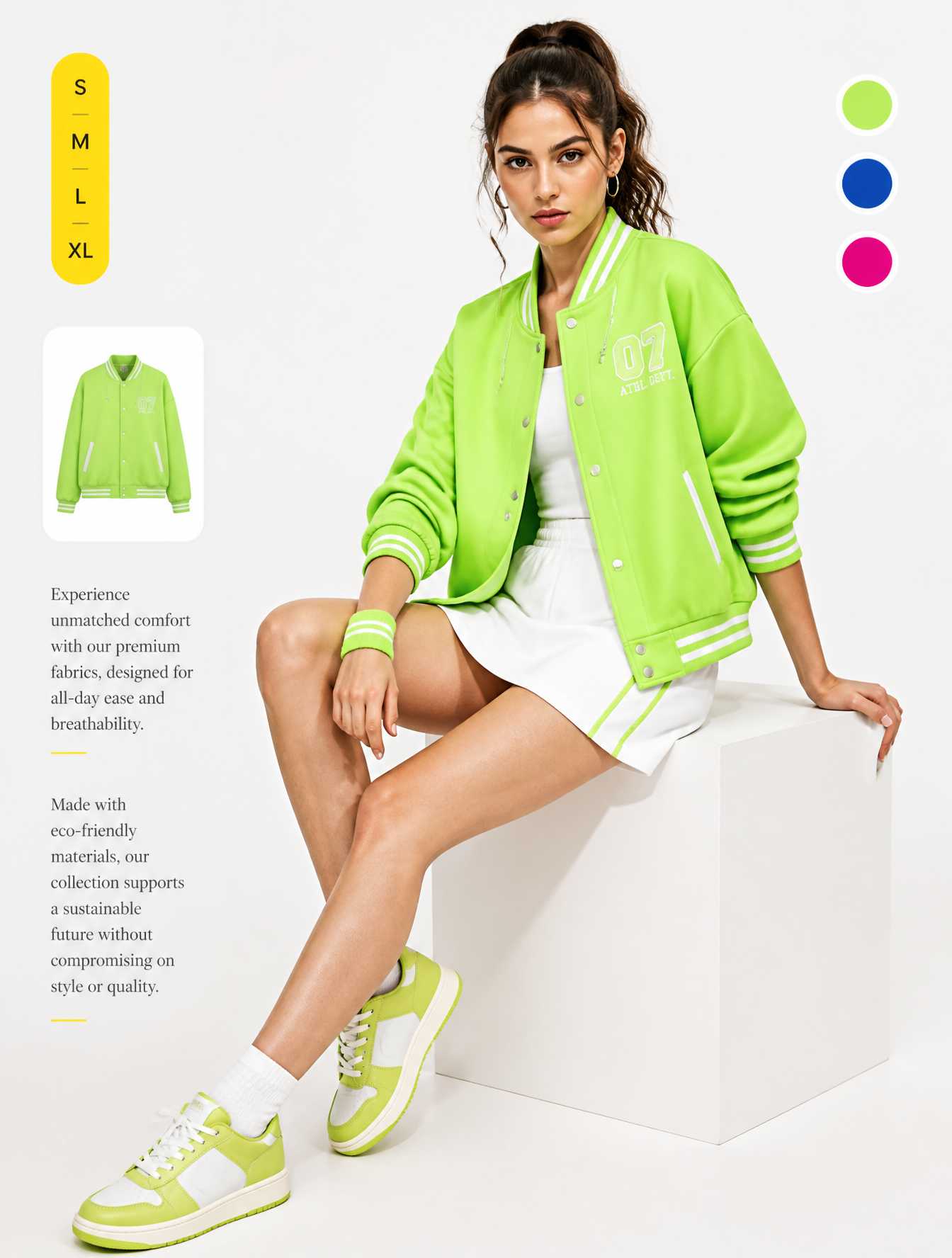 A professional commercial fashion advertisement featuring a young female model in the upl…