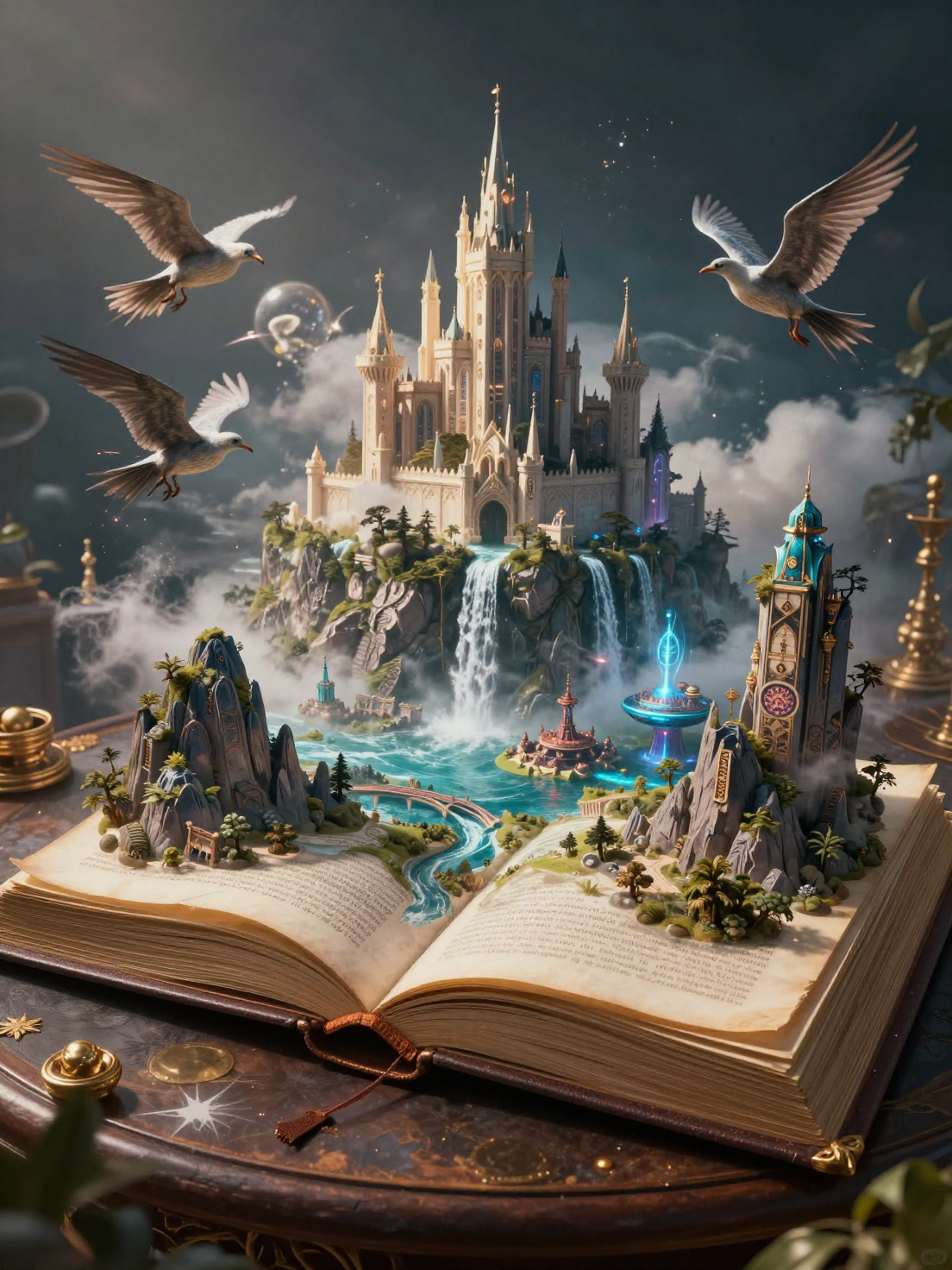 Book of WorldsAn ancient giant book opened on a table, each page transforms into a living…