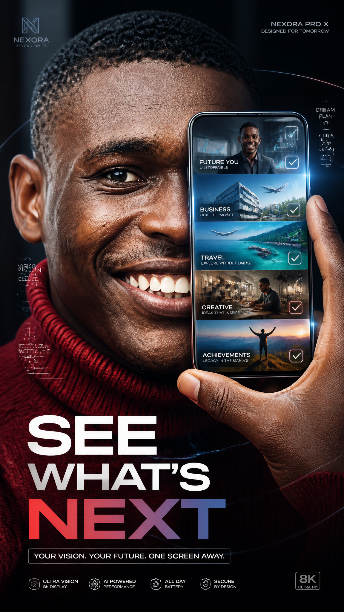 A premium 9:16 smartphone advertising poster.Main Subject:A confident young male model in…