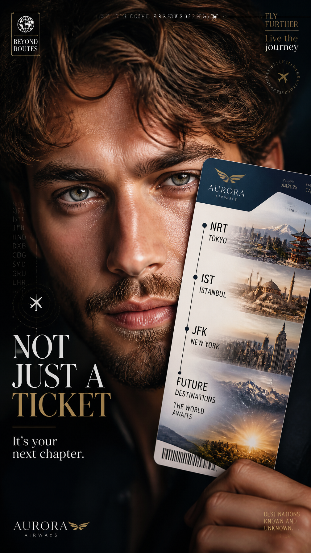 A premium 9:16 airline advertising poster.Main Subject:An ultra close-up portrait of a co…