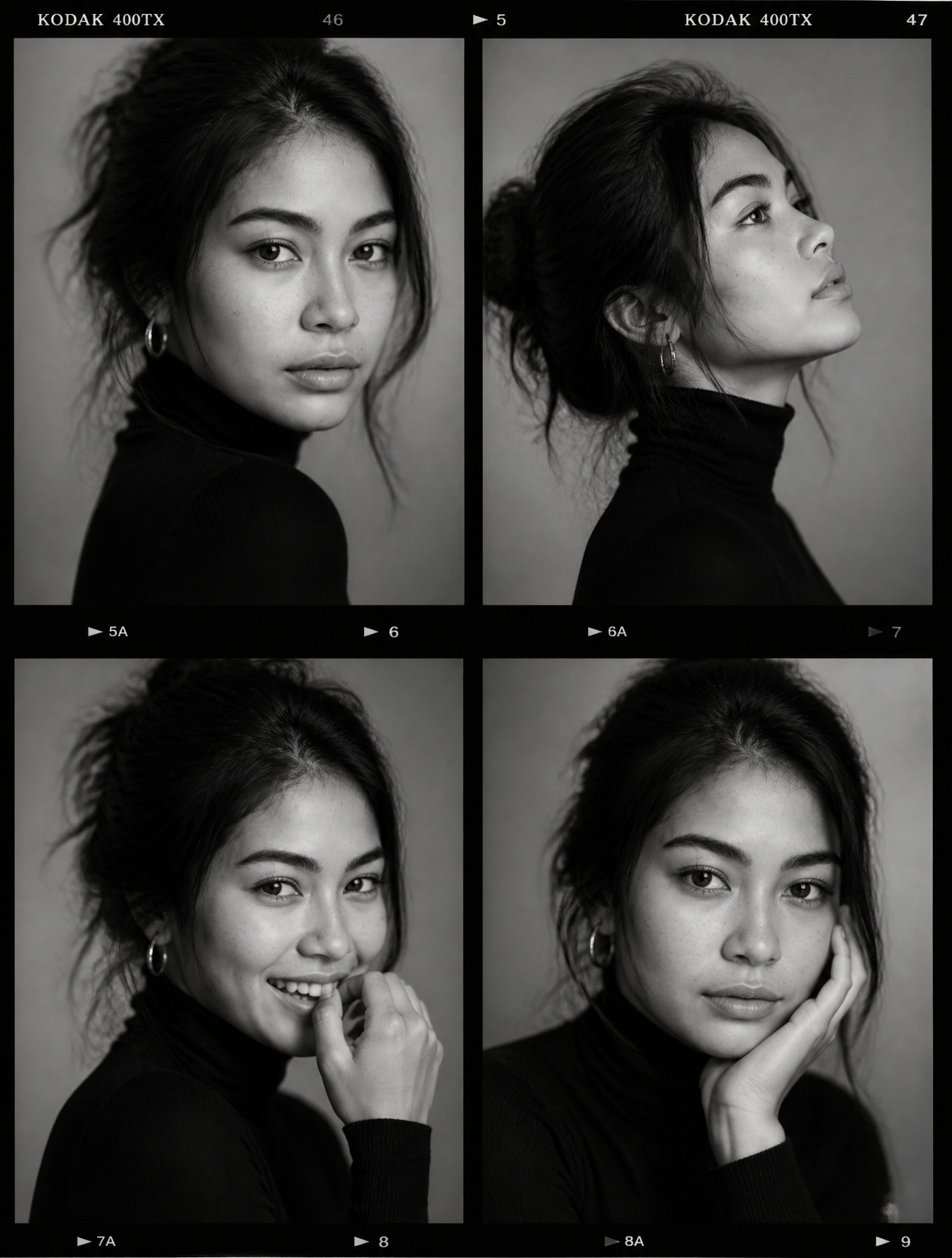 Ultra-viral black-and-white luxury fashion casting contact sheet portrait of a striking y…