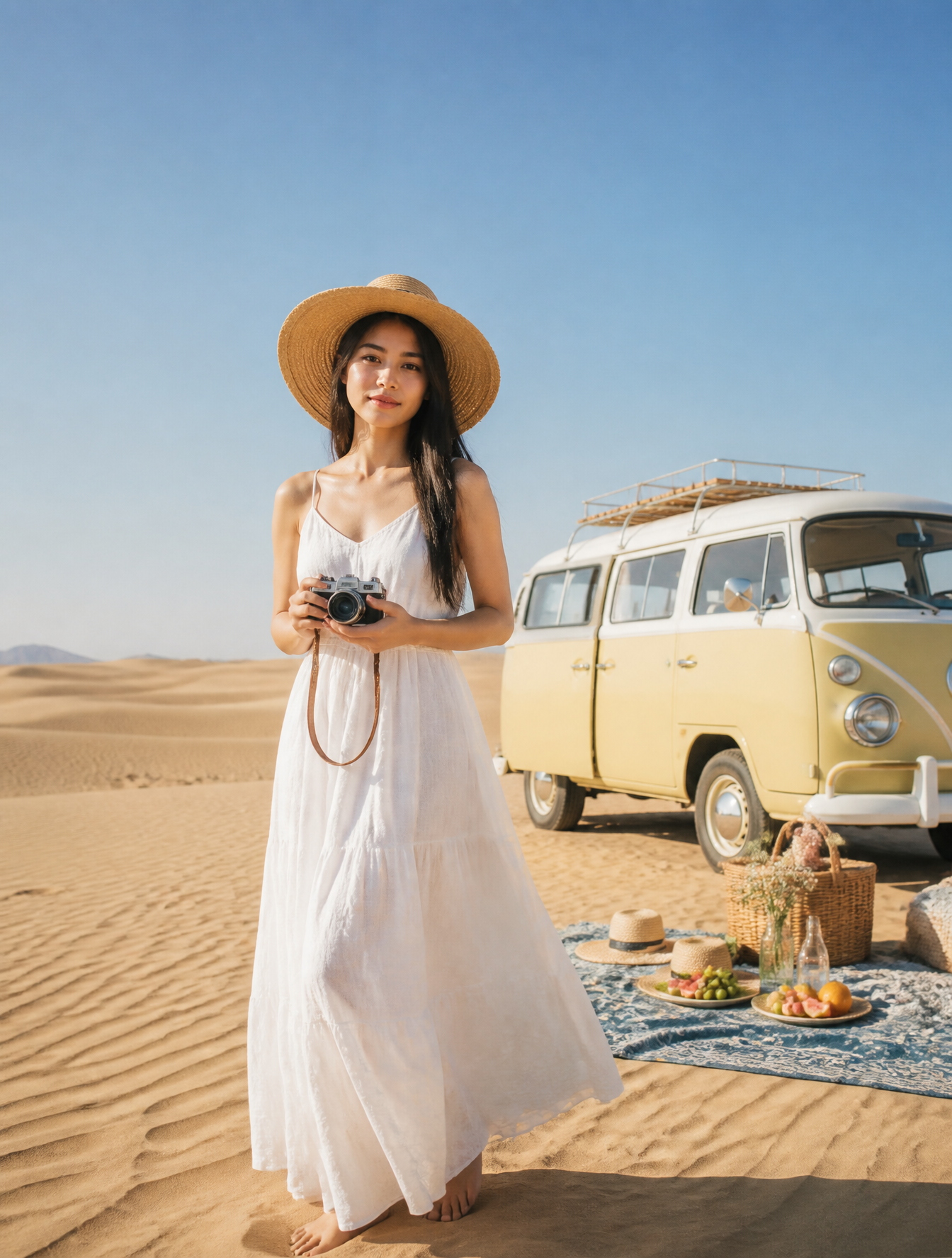 A wide shot of a woman in an airy white linen maxi dress and a wide-brimmed straw hat, st…