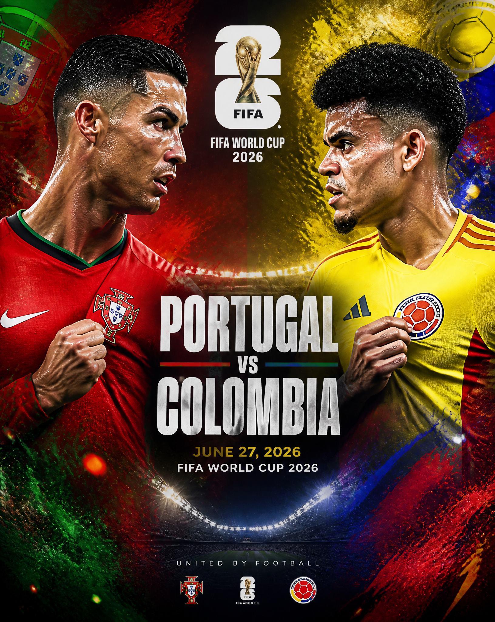 ULTRA-REALISTIC FIFA WORLD CUP 2026 MATCH POSTER, Cristiano Ronaldo vs Luis Díaz, epic in…