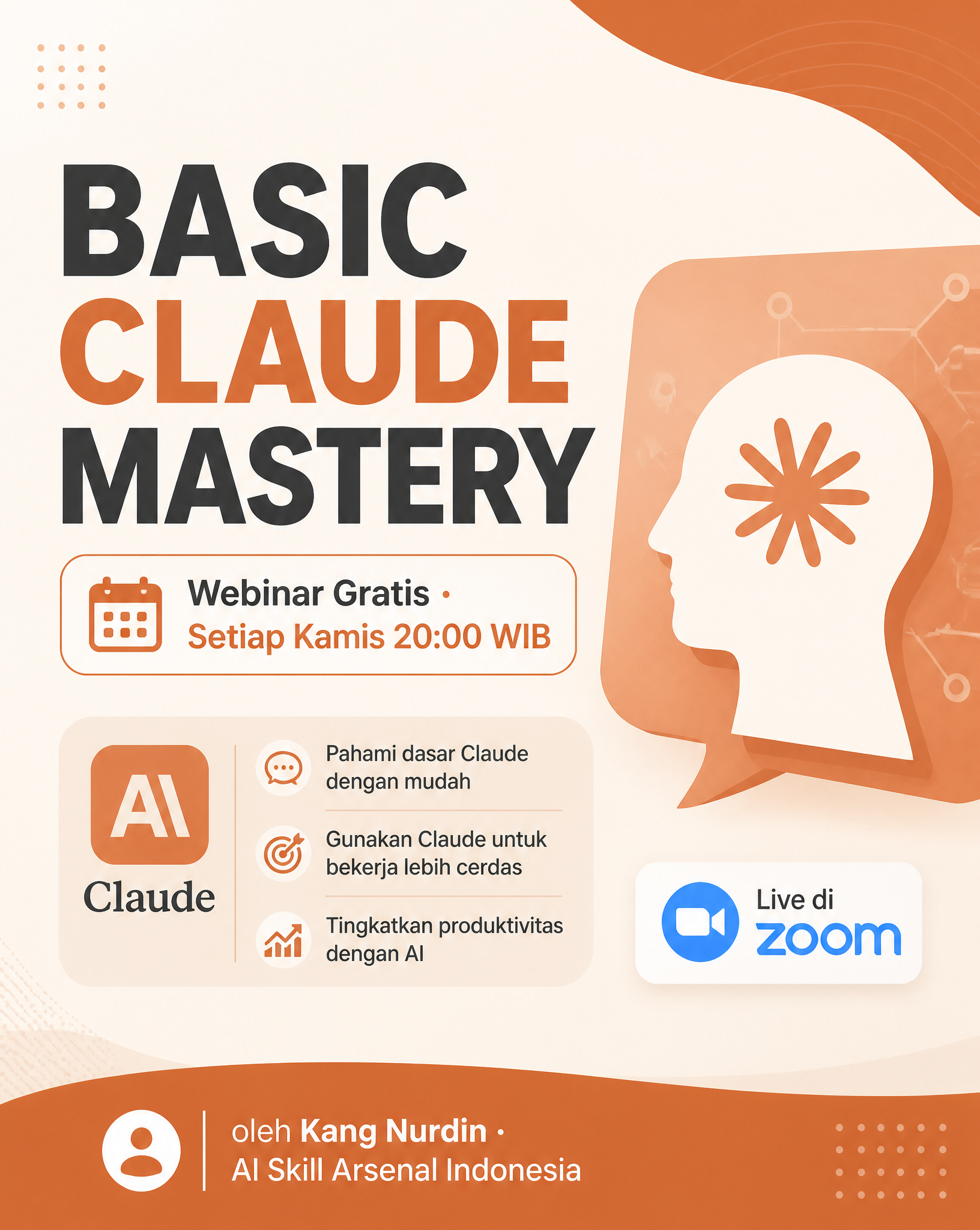 A professional social media post design for "Basic Claude Mastery" free webinar. Clean mo…