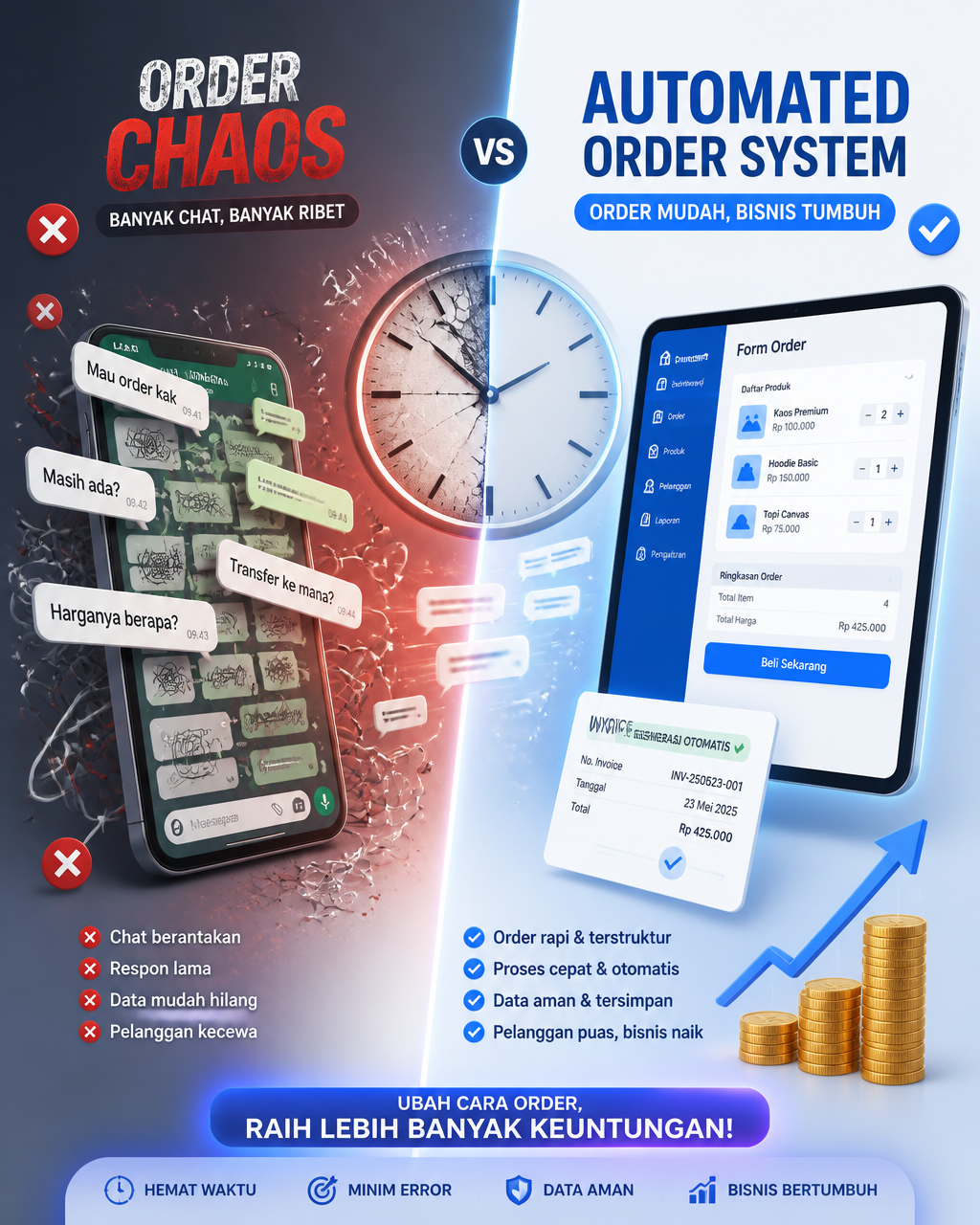 Create a vertical 4:5 (1080x1350) mixed-style visual about order chaos vs automated order…