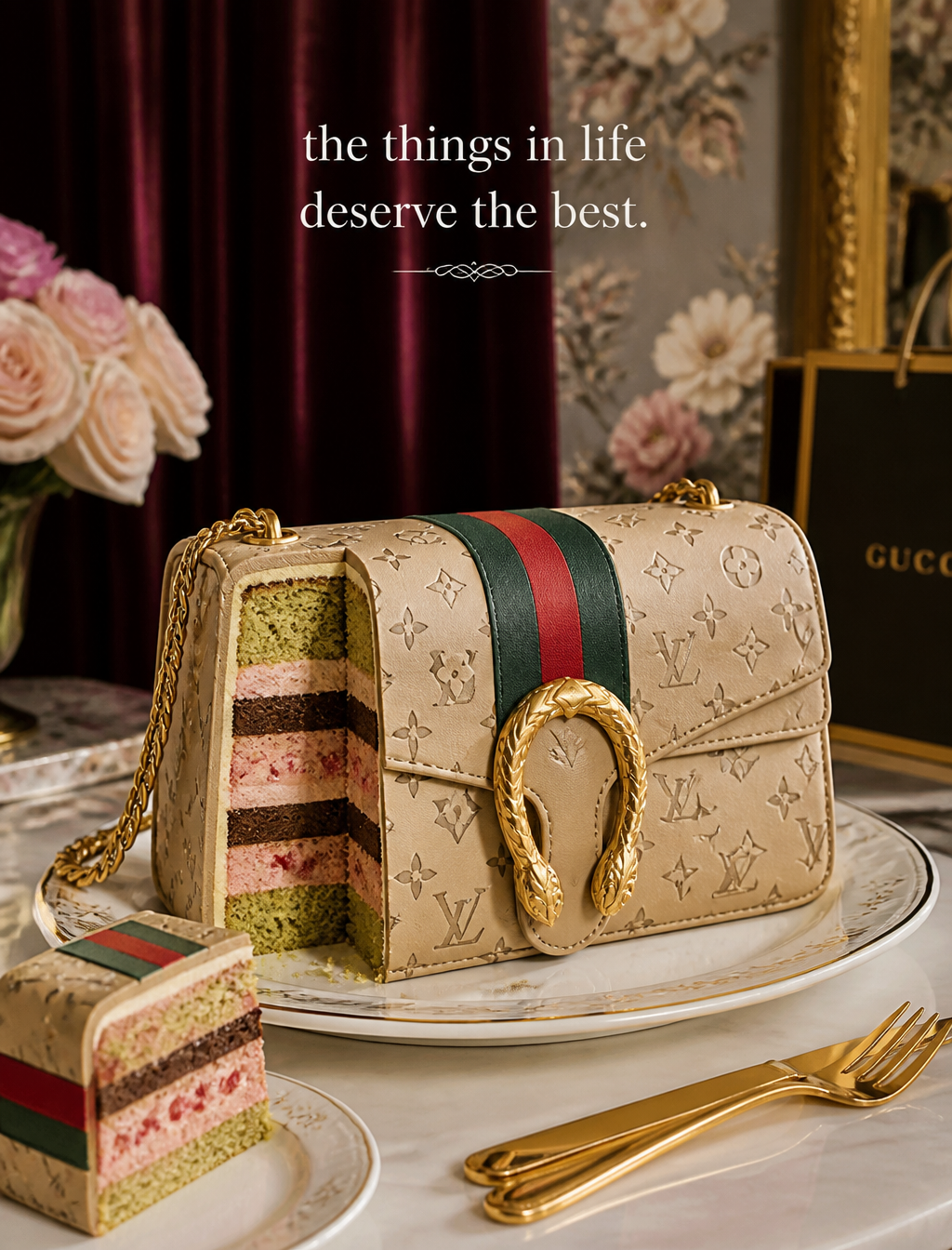 An elegant cake designed like a Louis Vuitton Dionysus handbag, detailed with edible beig…