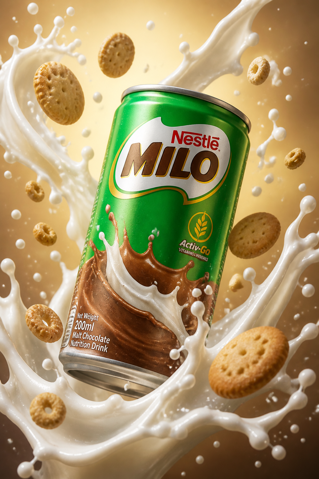Create a high-quality, hyper-realistic advertisement image featuring a can of 'Milo' in m…