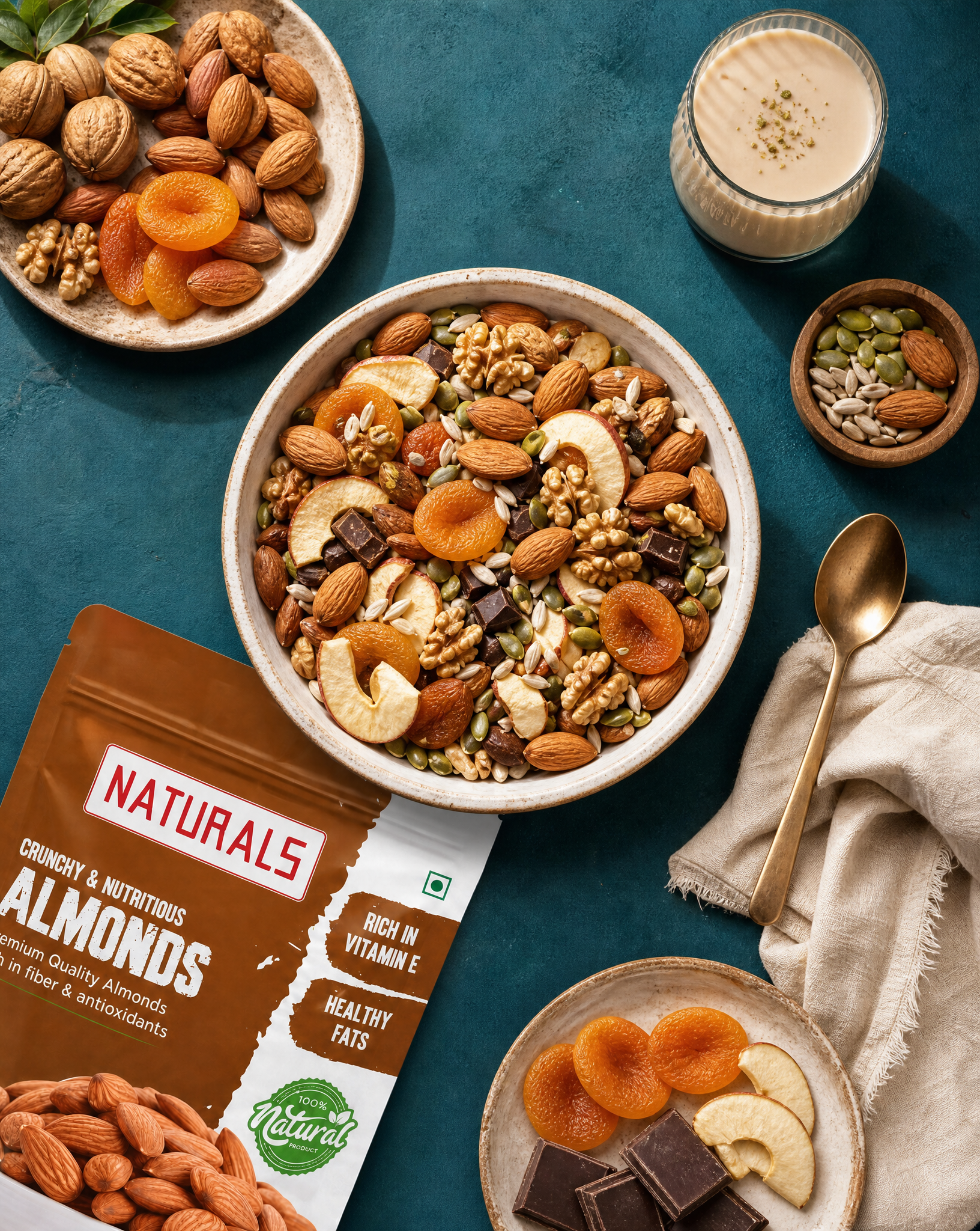 Create a premium top-down dry fruits and gifting product photography flat lay inspired by…