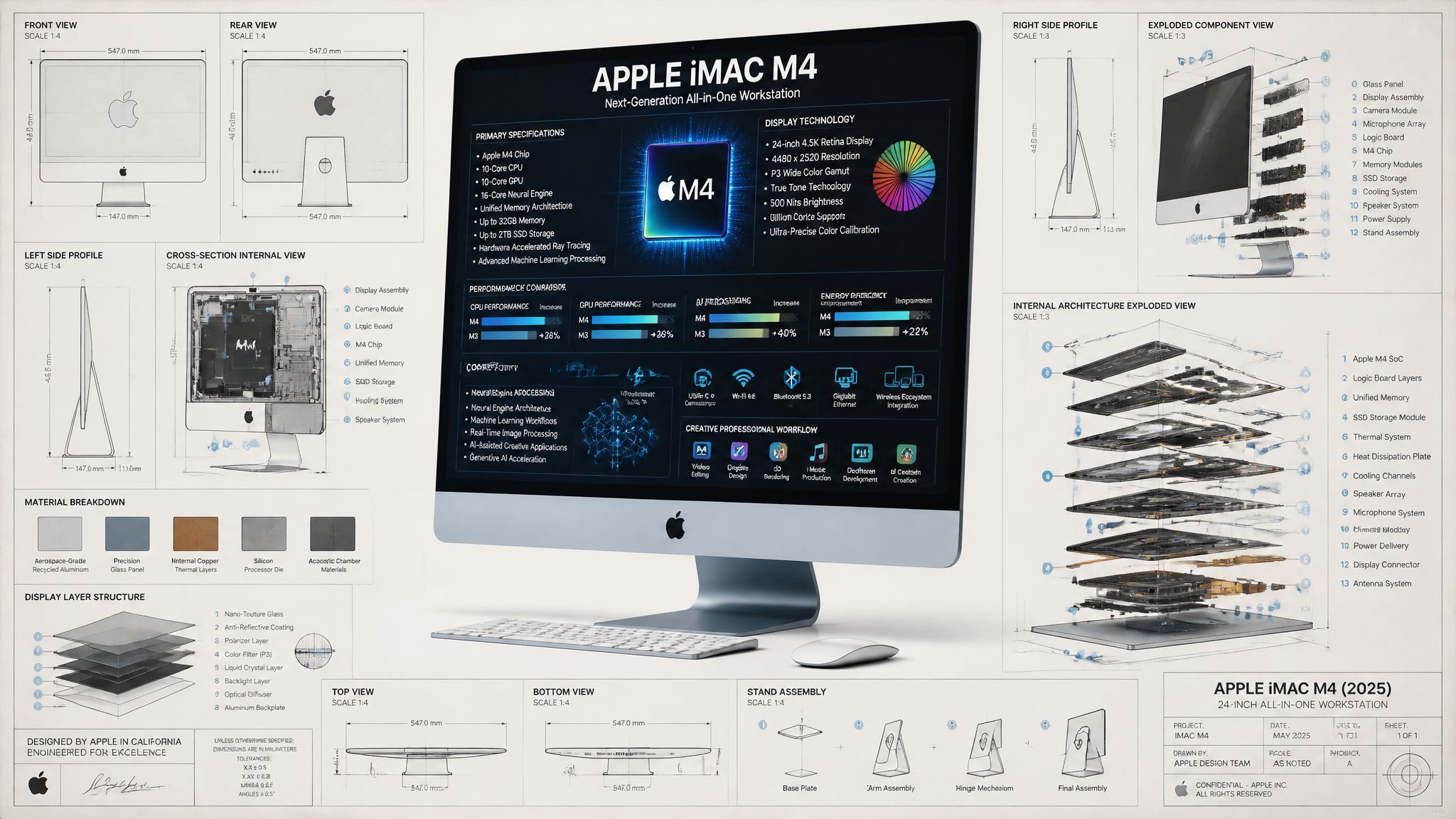 INFOGRAFÍA TÉCNICA ULTRADETALLADA + RENDER 3D FOTORREALISTA DE APPLE iMAC M4 (2025)Master…