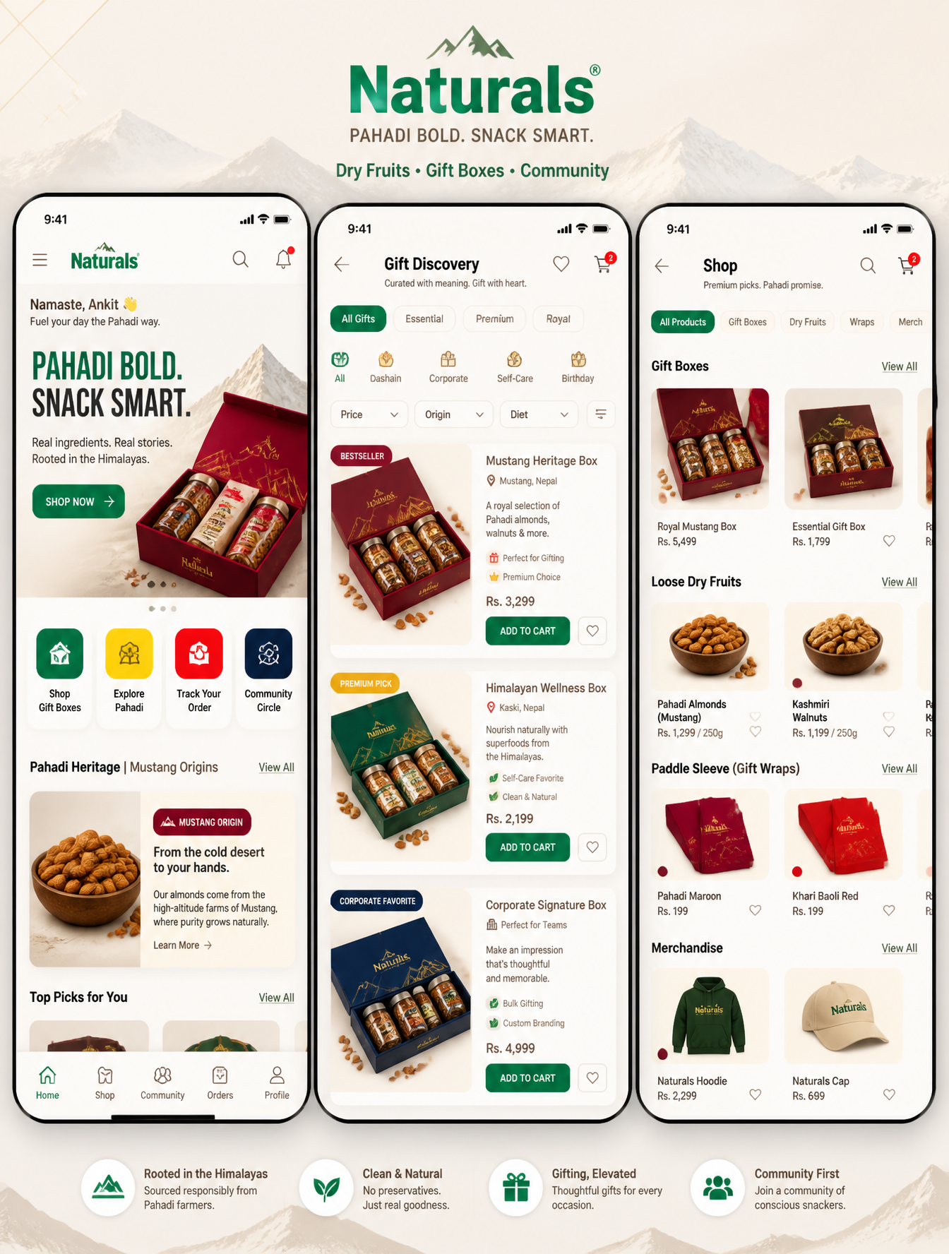 Create a premium mobile app UI design for a premium dry fruits and gifting brand called N…