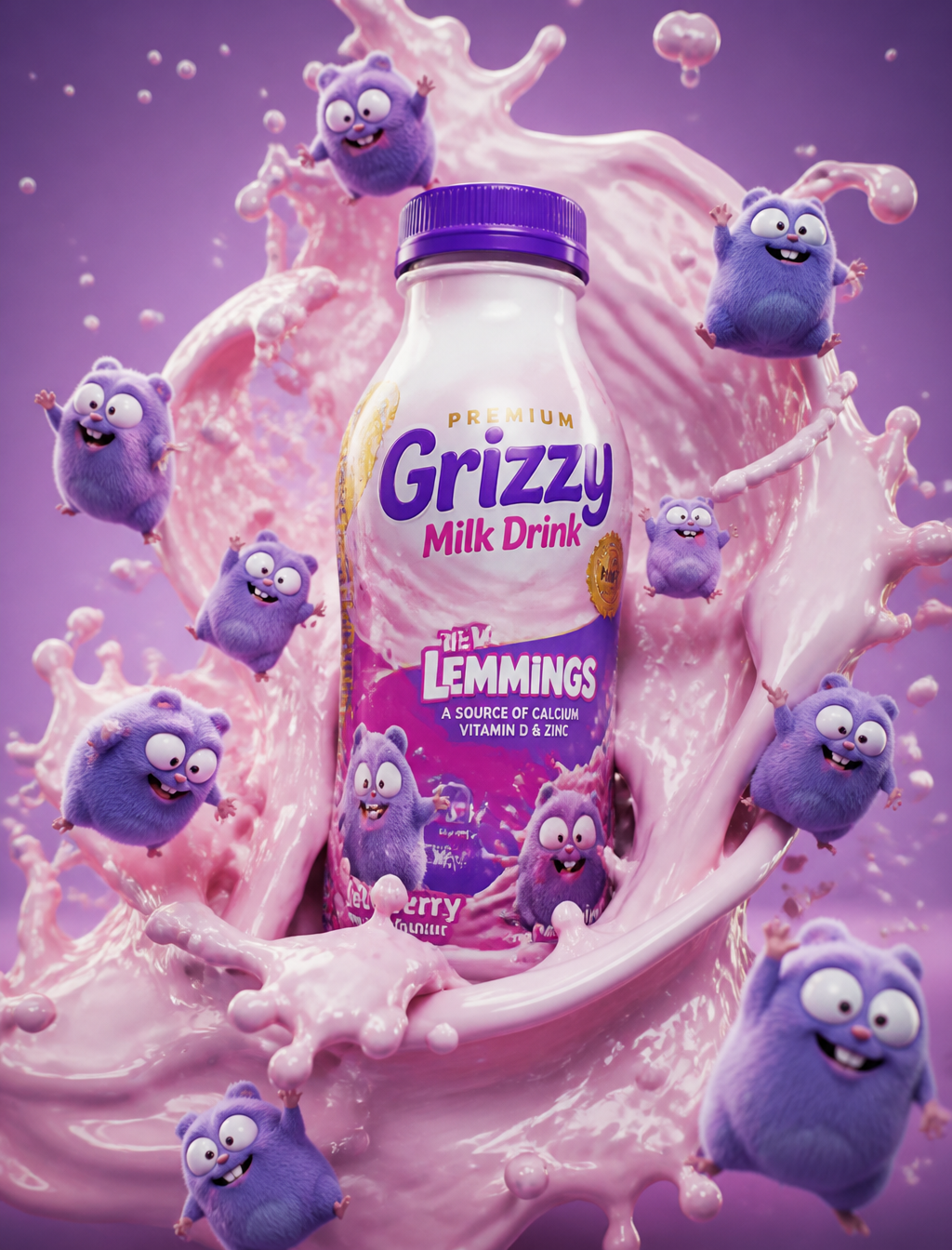 Premium grizzy milk drink bottle surrounded by swirling "the lemmings" splash, floating t…