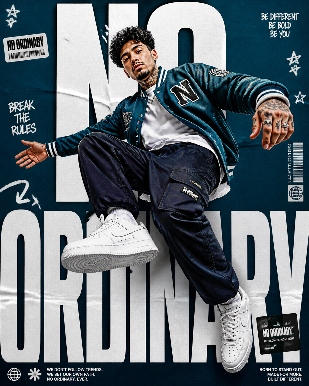 A premium 4:5 urban streetwear editorial advertising poster. Main Subject:A confident you…