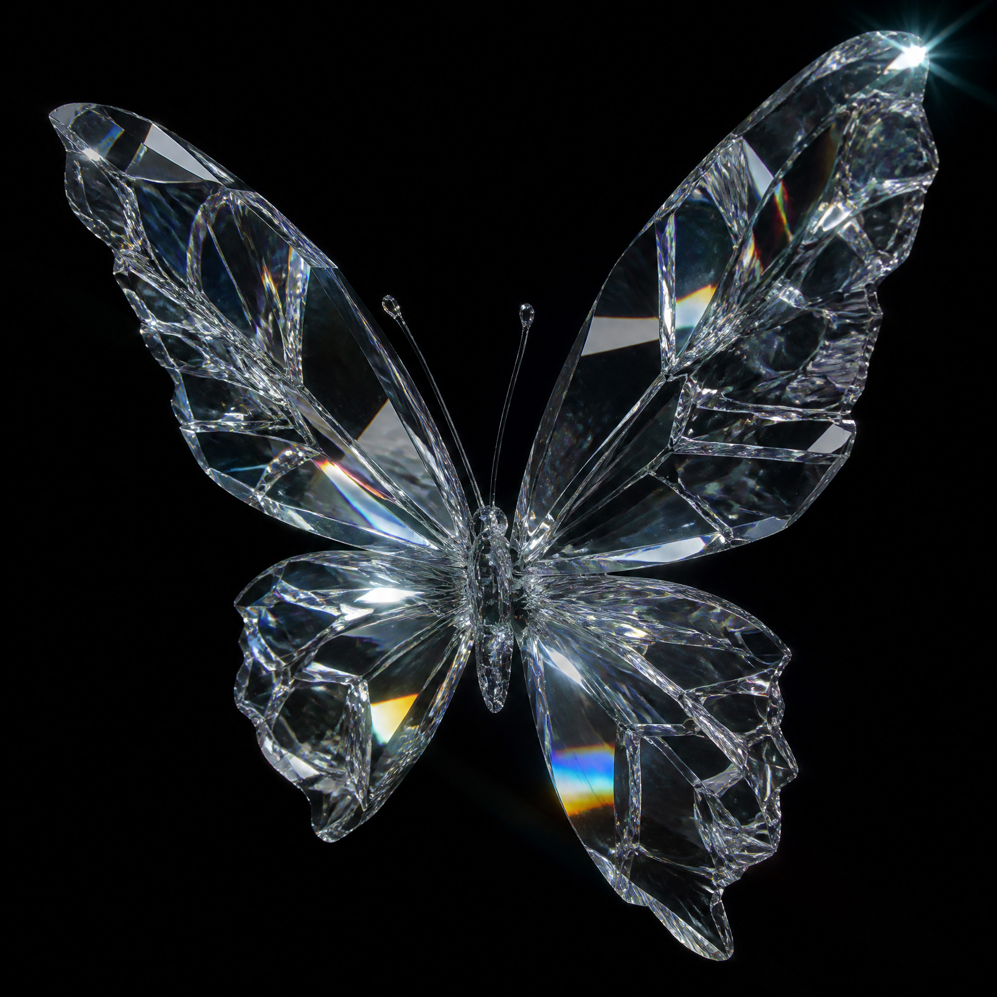 A photorealistic [BUTTERFLY] completely sculpted from shattered crystal glass, the entire…