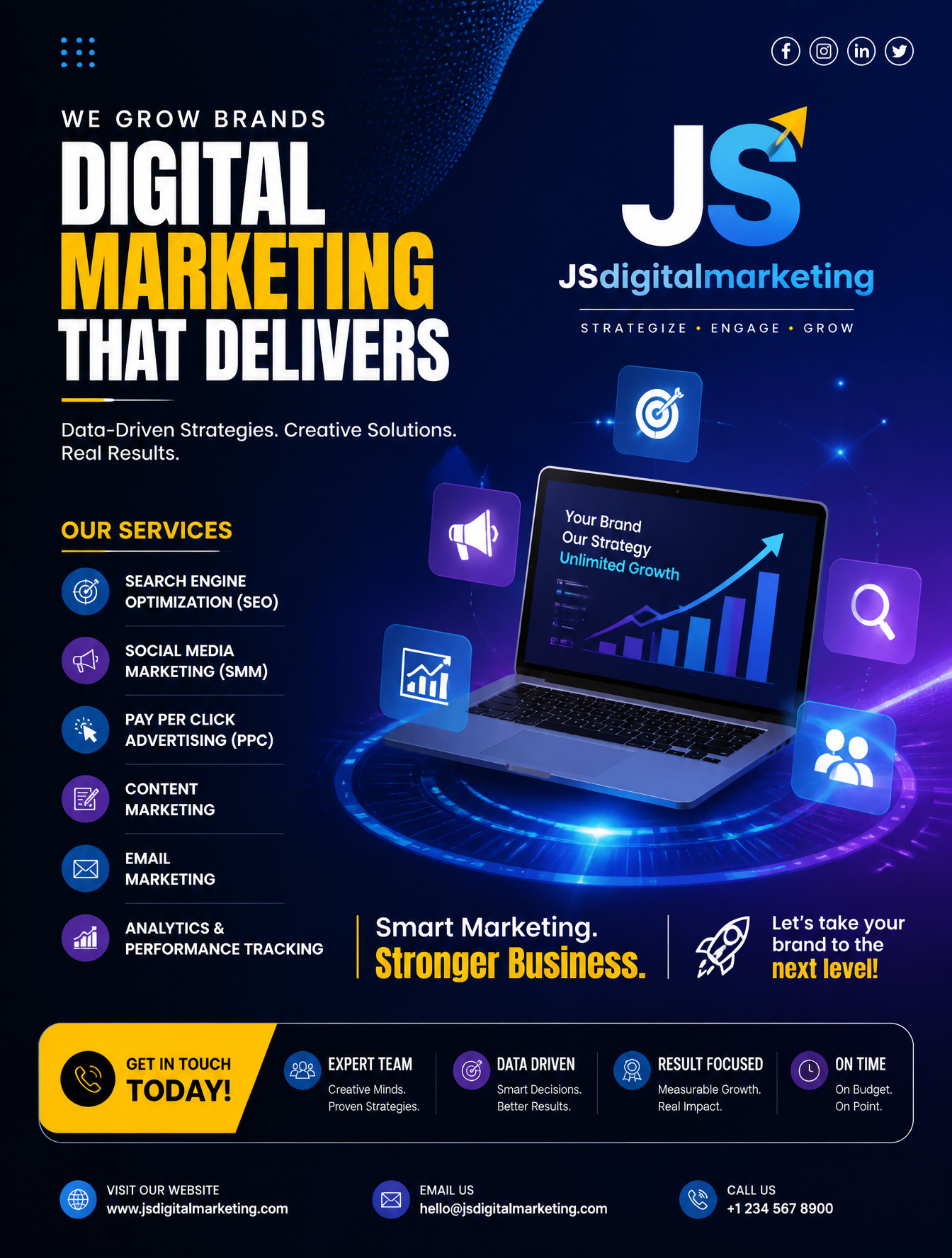 a professional digital marketing poster design for JSdigitalmarketing, featuring a sleek …