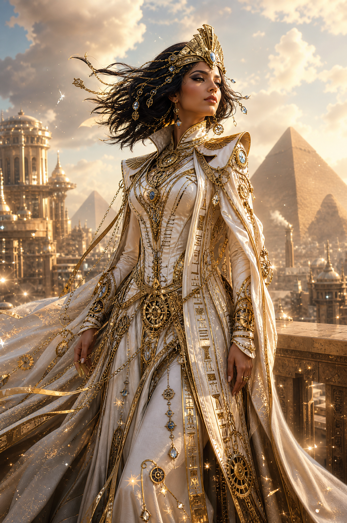 Create a cinematic fantasy portrait of the ruler of Egypt with an Egyptian steampunk aest…