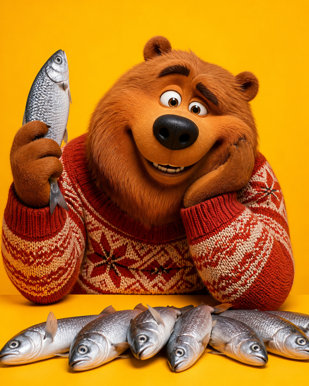 grizzy  smiling while holding a fish Dark  covering one eye, resting his cheek on her han…