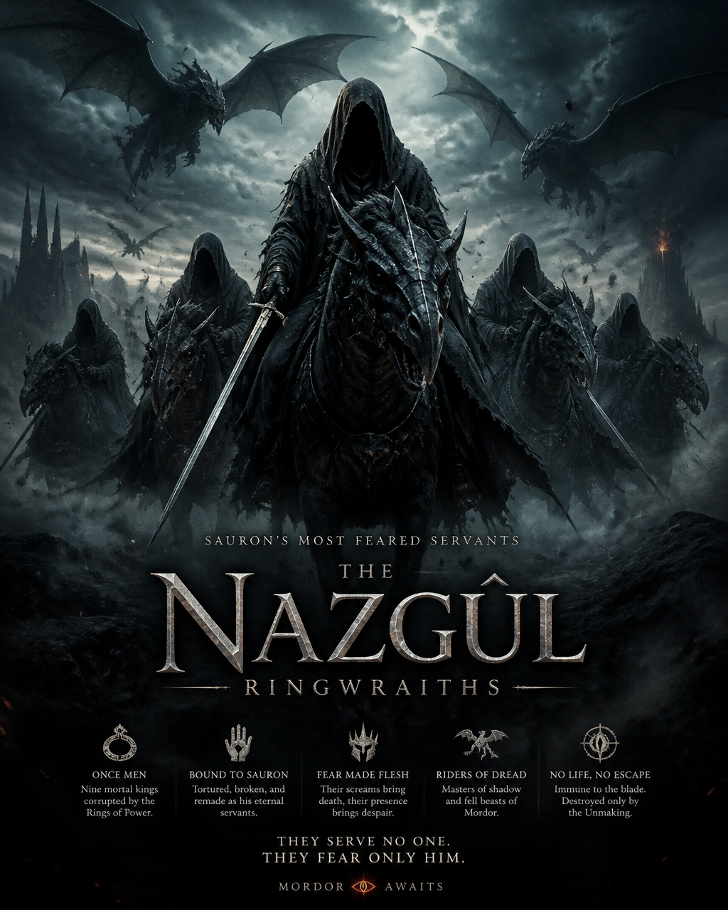 character poster for  "The Nazgul, also known as the Ringwraiths, were Sauron’s slaves an…
