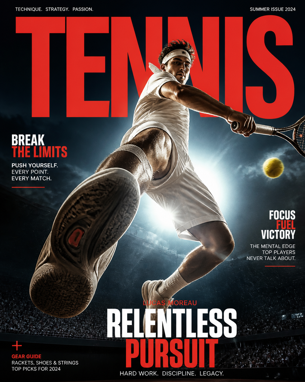Cinematic sports photography, extreme low-angle view tennis player mid-air performing a p…