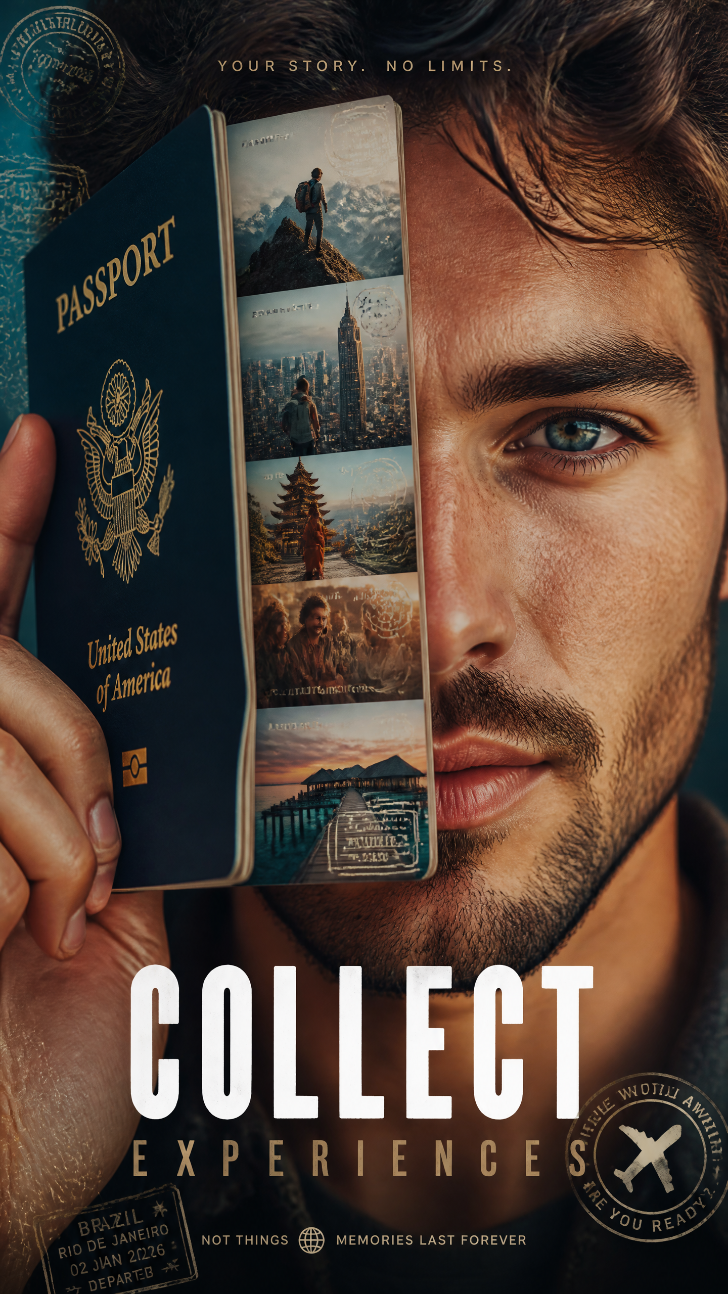 A premium 9:16 travel advertising poster.Main Subject:An ultra close-up portrait of a con…