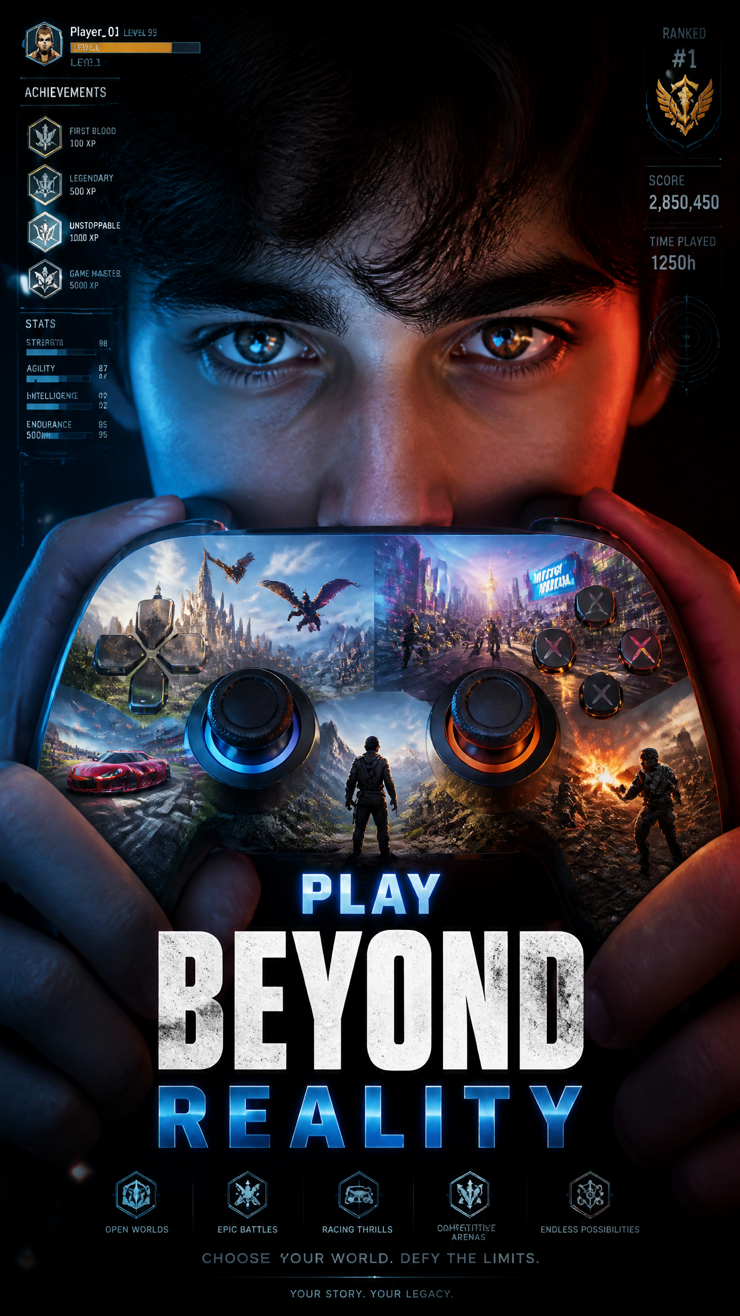 A premium 9:16 gaming advertising poster.Main Subject:An ultra close-up portrait of a you…
