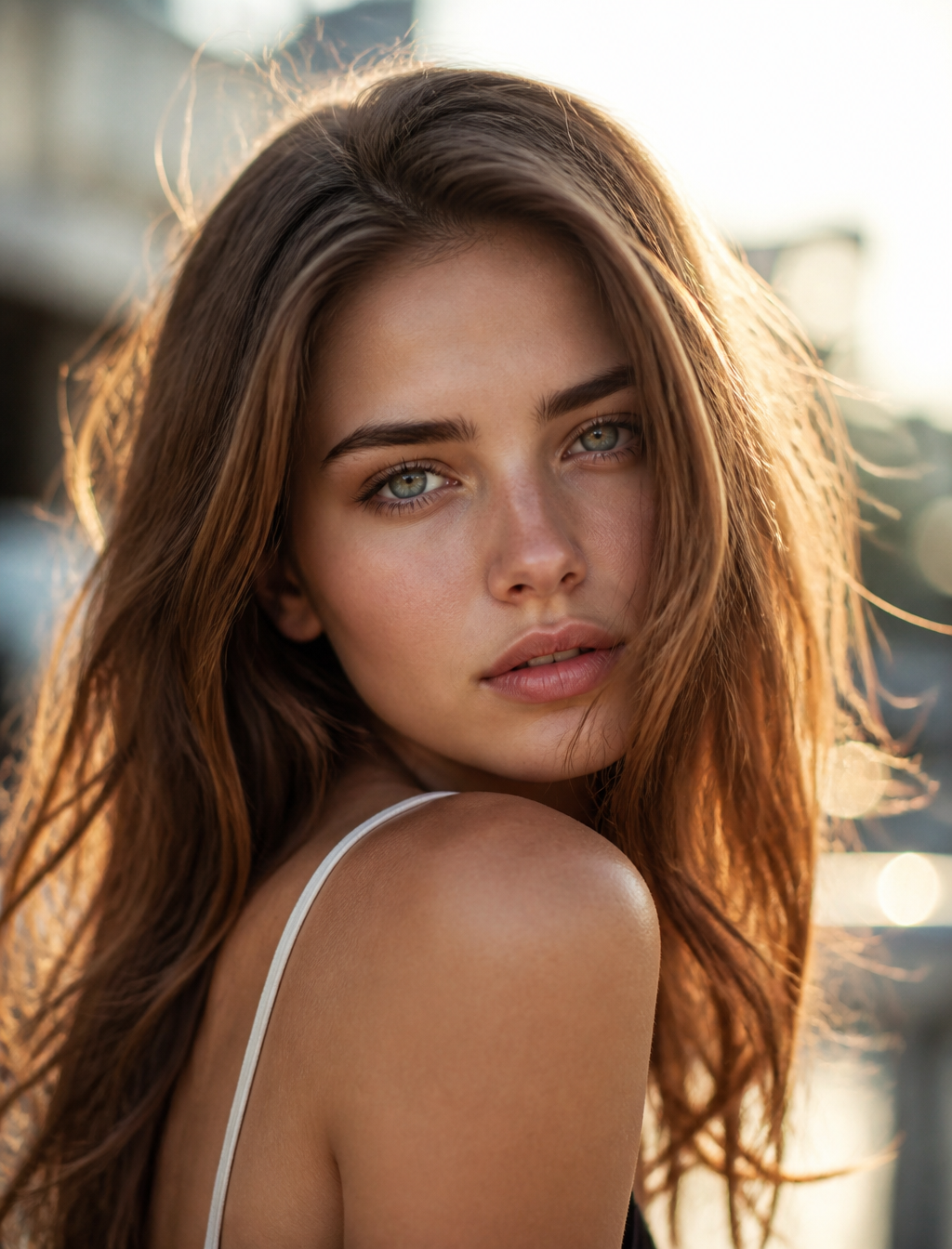 Ultra-realistic cinematic portrait of a young woman, natural facial features, detailed sk…