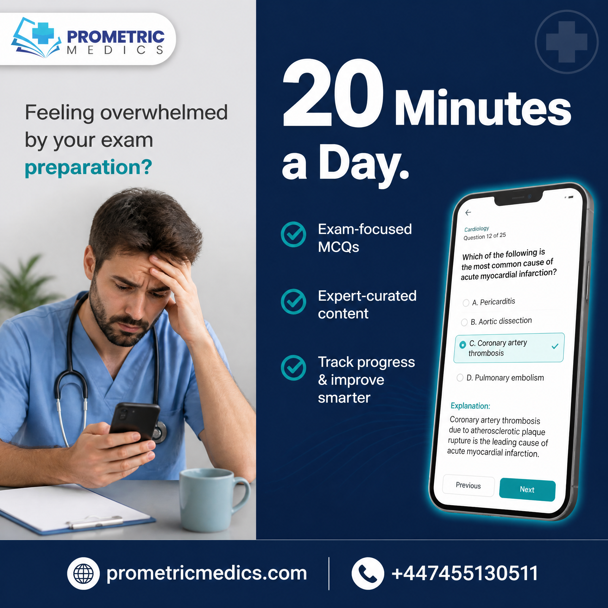 A split-design social media post. Left half: light gray background with a stressed doctor…
