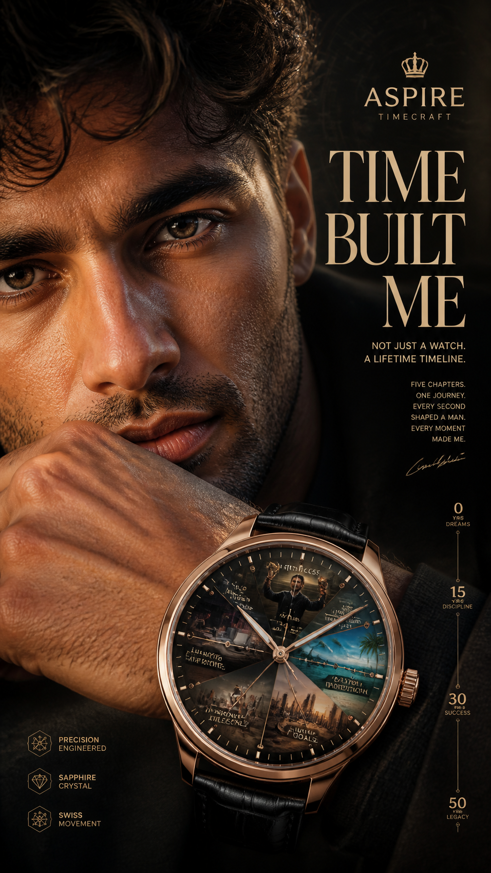 A premium 9:16 luxury watch advertising poster.Main Subject:A confident young male model …