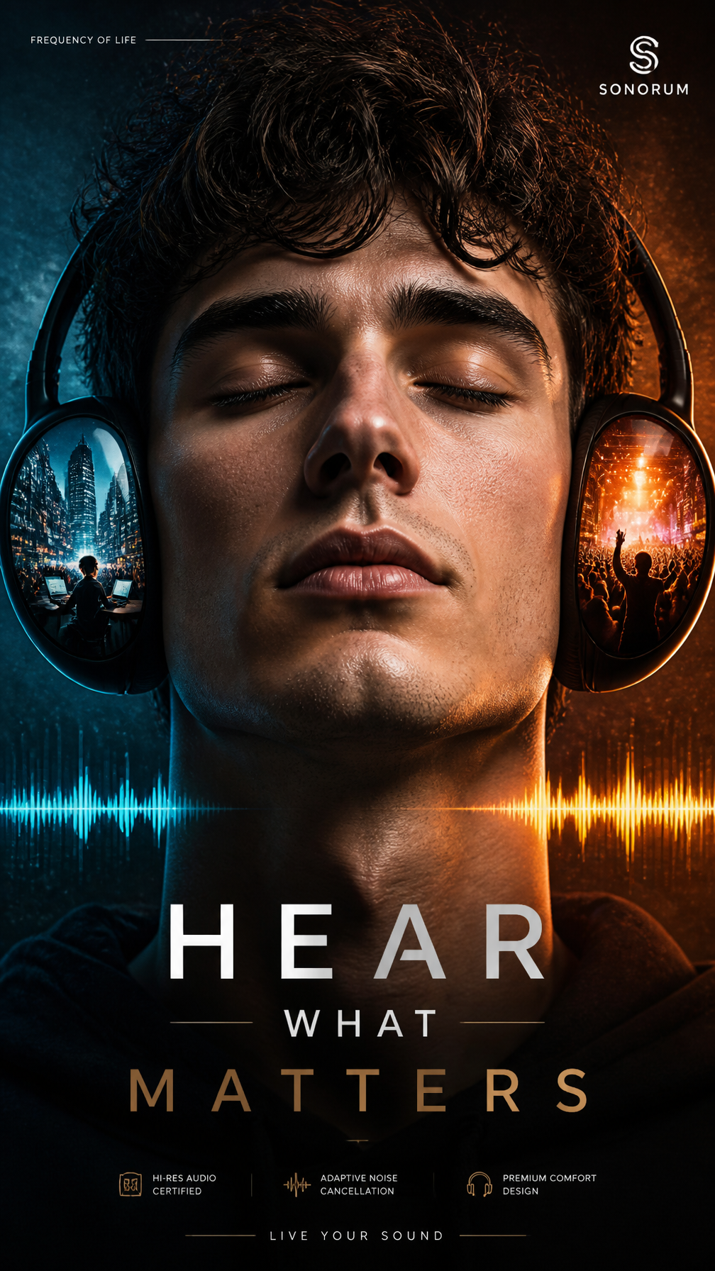 A premium 9:16 headphones advertising poster.Main Subject:A young male model in an extrem…