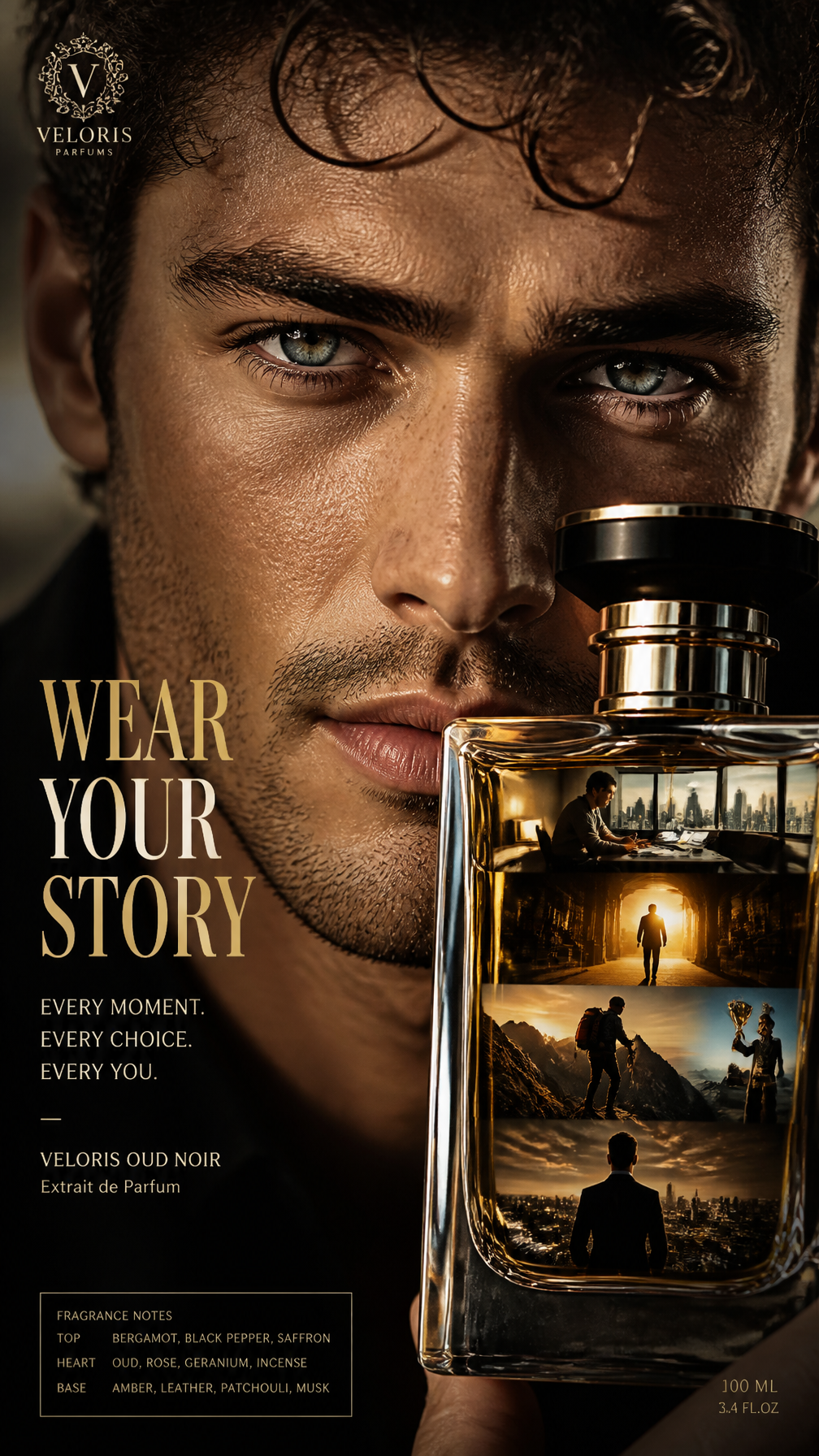 A premium 9:16 fragrance advertising poster.Main Subject:An ultra close-up portrait of a …