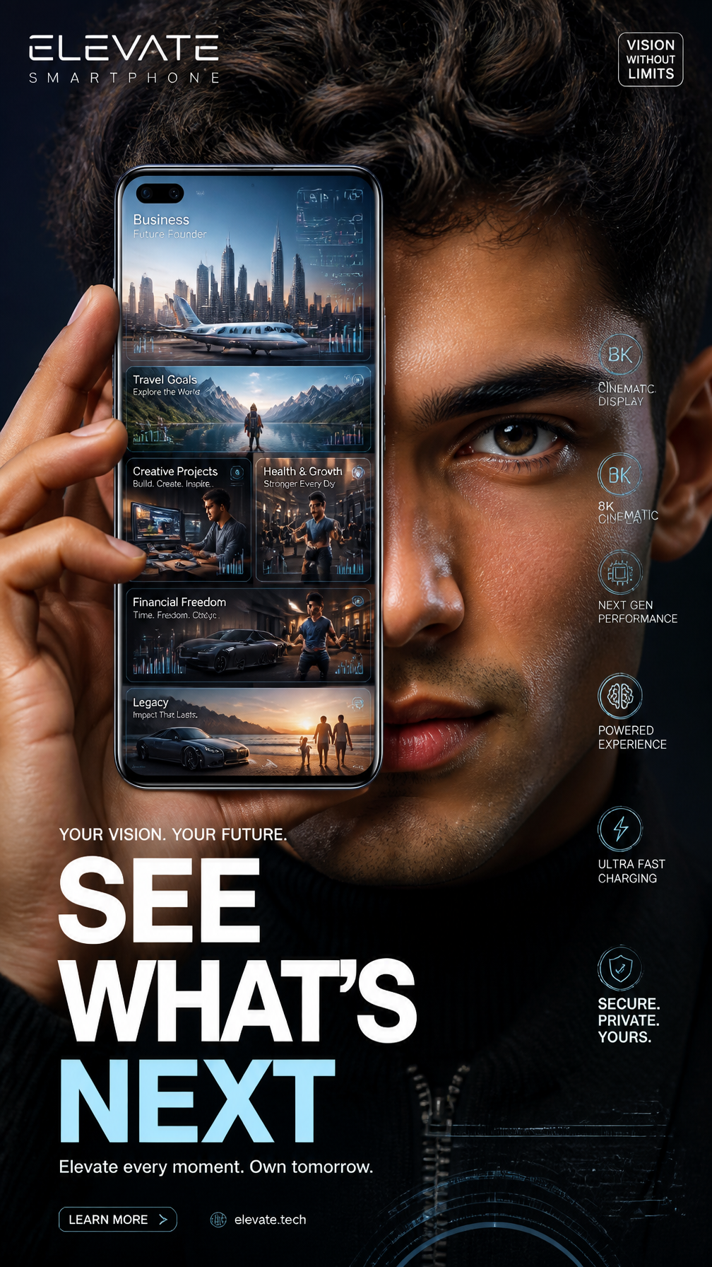 A premium 9:16 smartphone advertising poster.Main Subject:A confident young male model in…