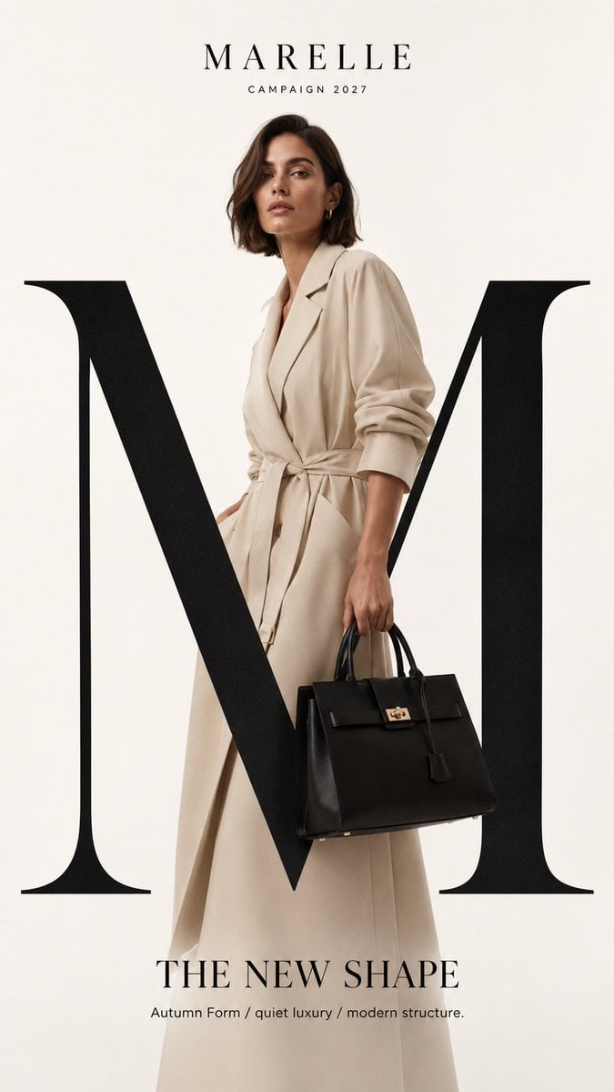 Create a high-end luxury fashion campaign mockup with strong typography, realistic fashio…