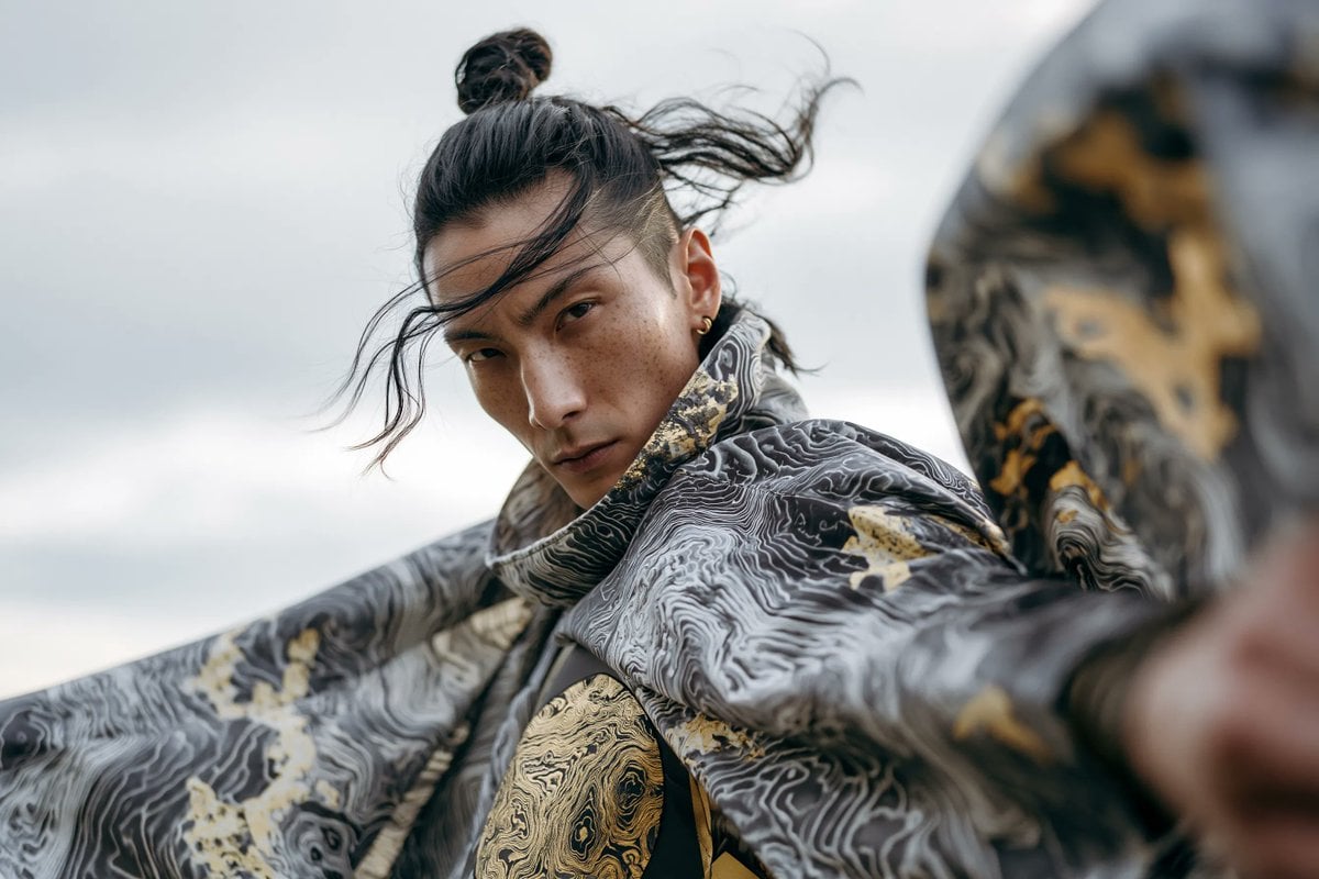 A high-fashion editorial portrait of a [Subject] wearing avant-garde garments crafted fro…