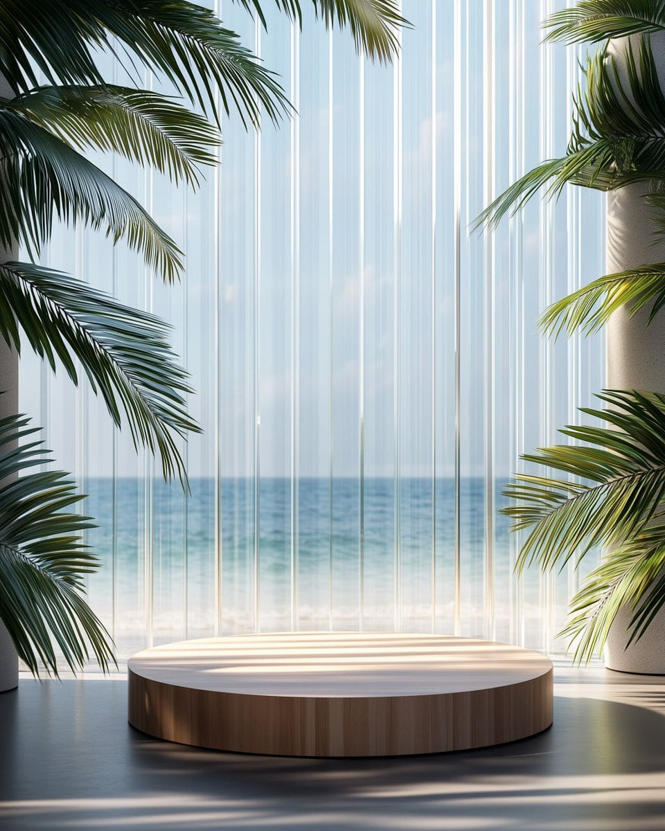 A mockup of a round wooden podium on the floor, against a backdrop of vertical glass pane…