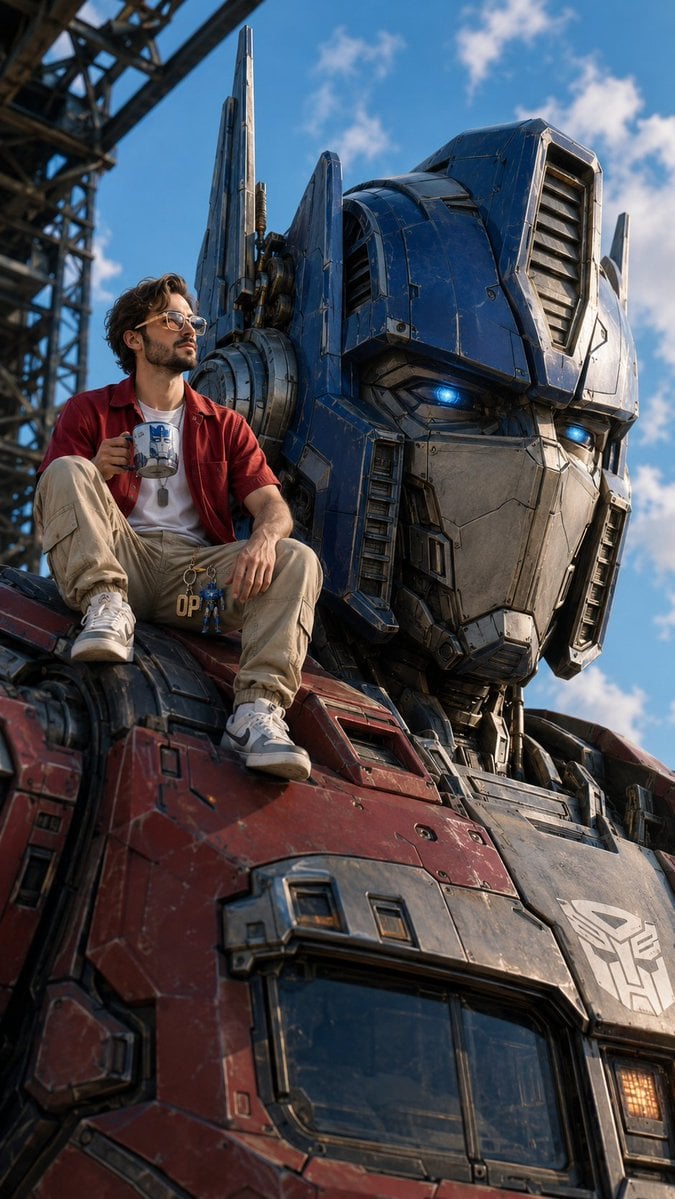 A realistic close-up of the giant Optimus Prime head, taken from a low right front angle,…