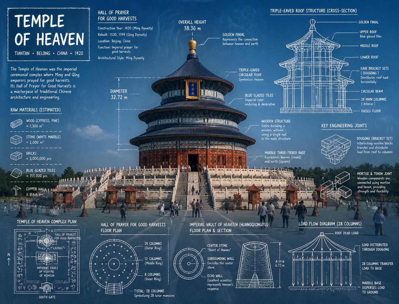 Infographic composite artwork of the Temple of Heaven (Tiantan) in Beijing. Base layer is…