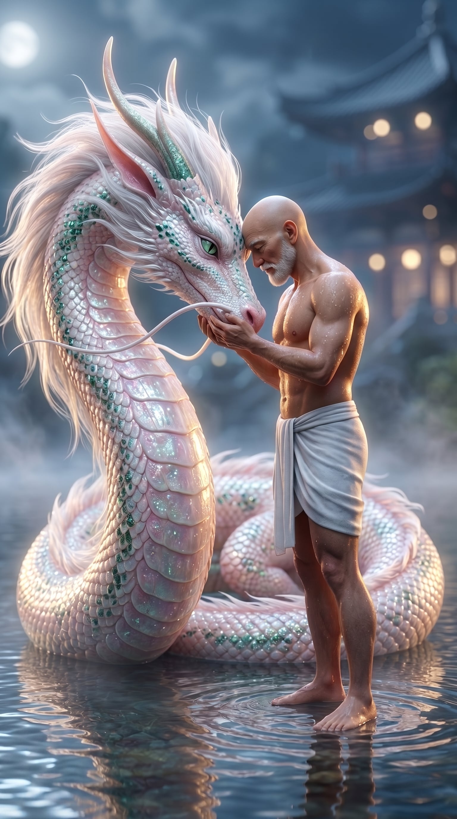 A cinematic medium shot featuring a Elegant Eastern wish dragon. The dragon has intricate…