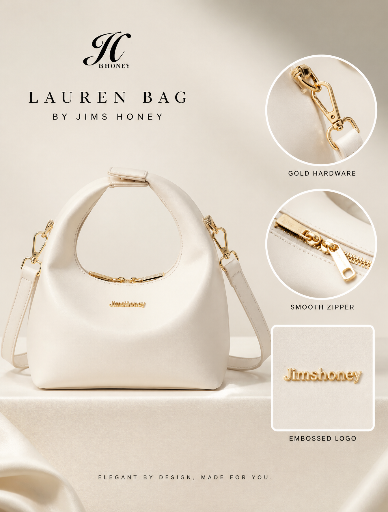 A high-end studio product advertisement features an off-white leather hobo bag against a …