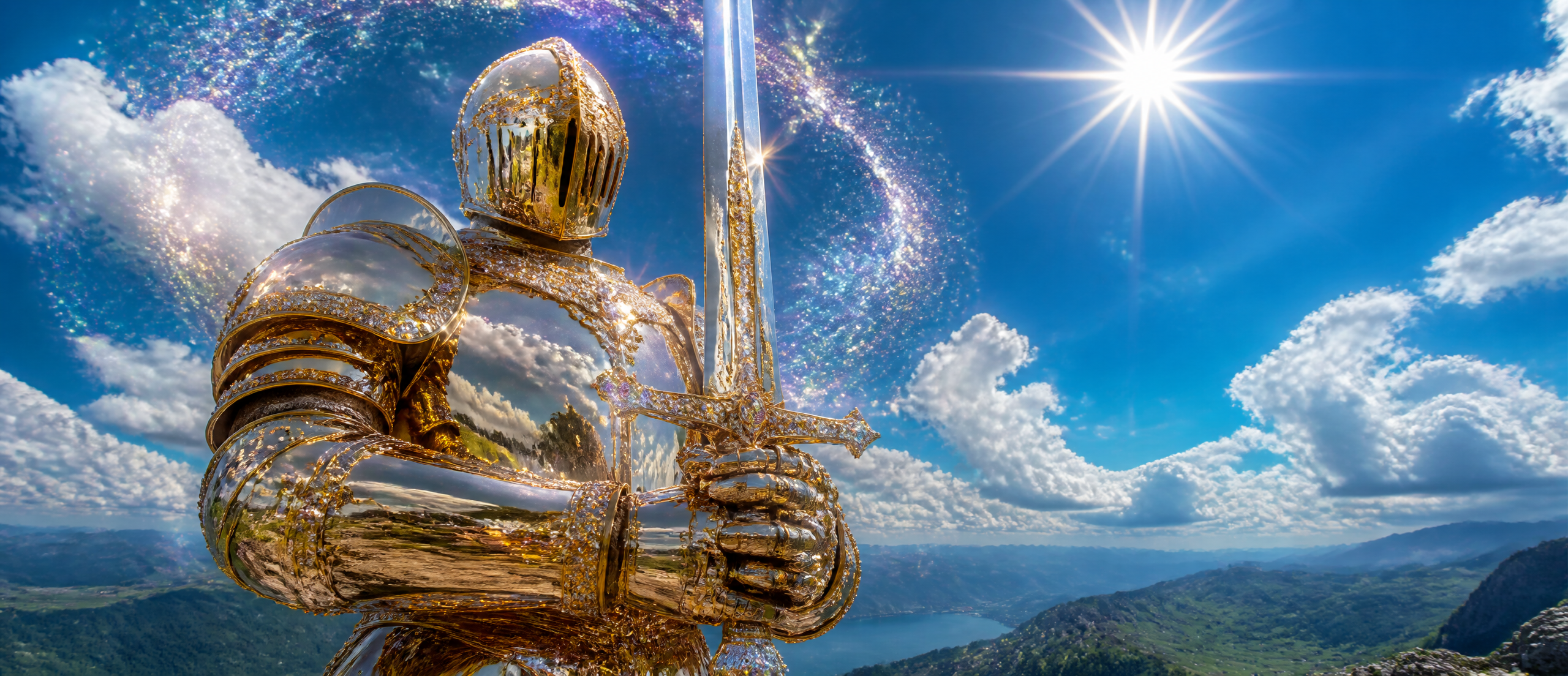 vertical low-angle shot half body portrait, medieval knight fully clad in mirror polished…