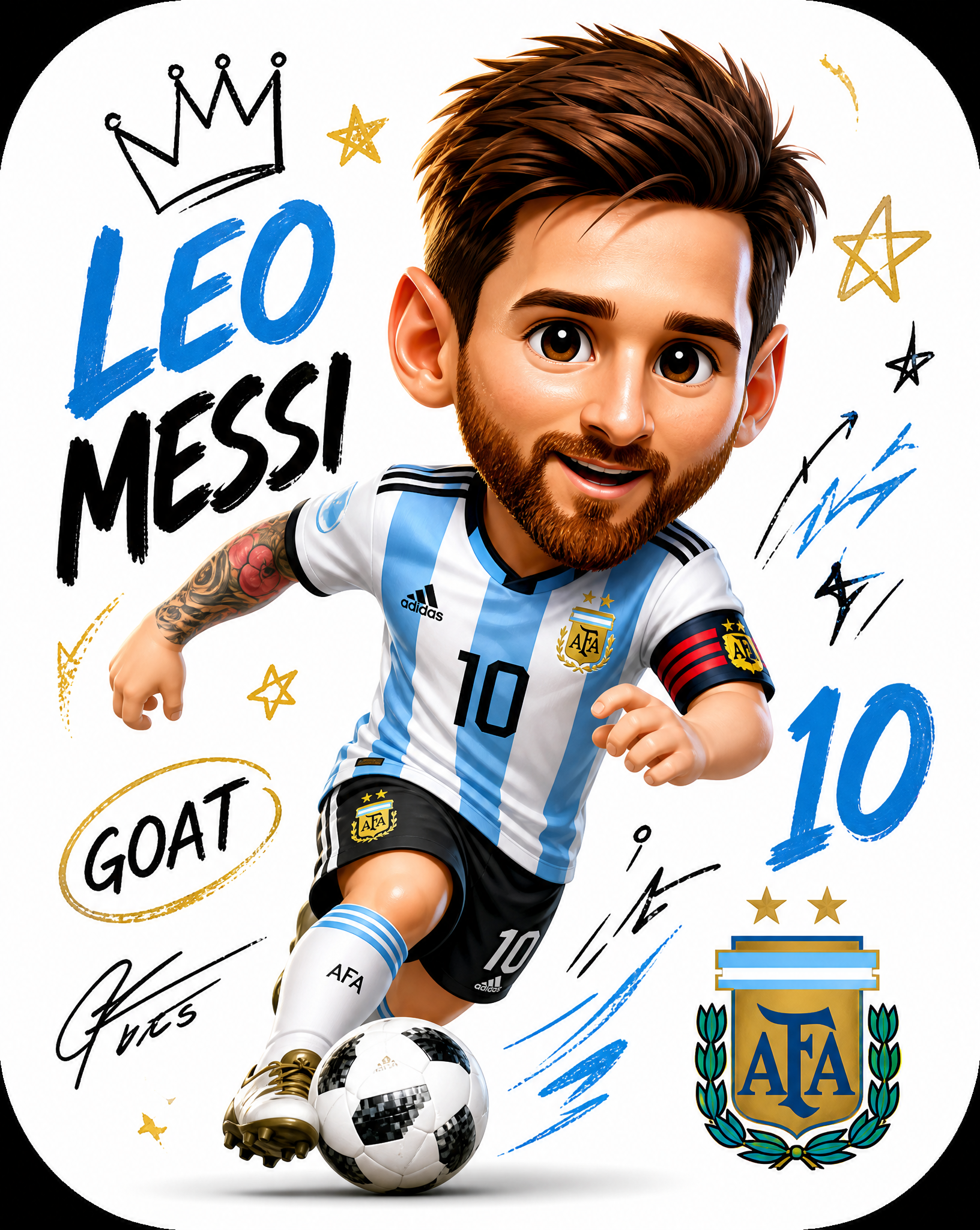Create a single app icon featuring a famous football player in a cute chibi/cartoon style…