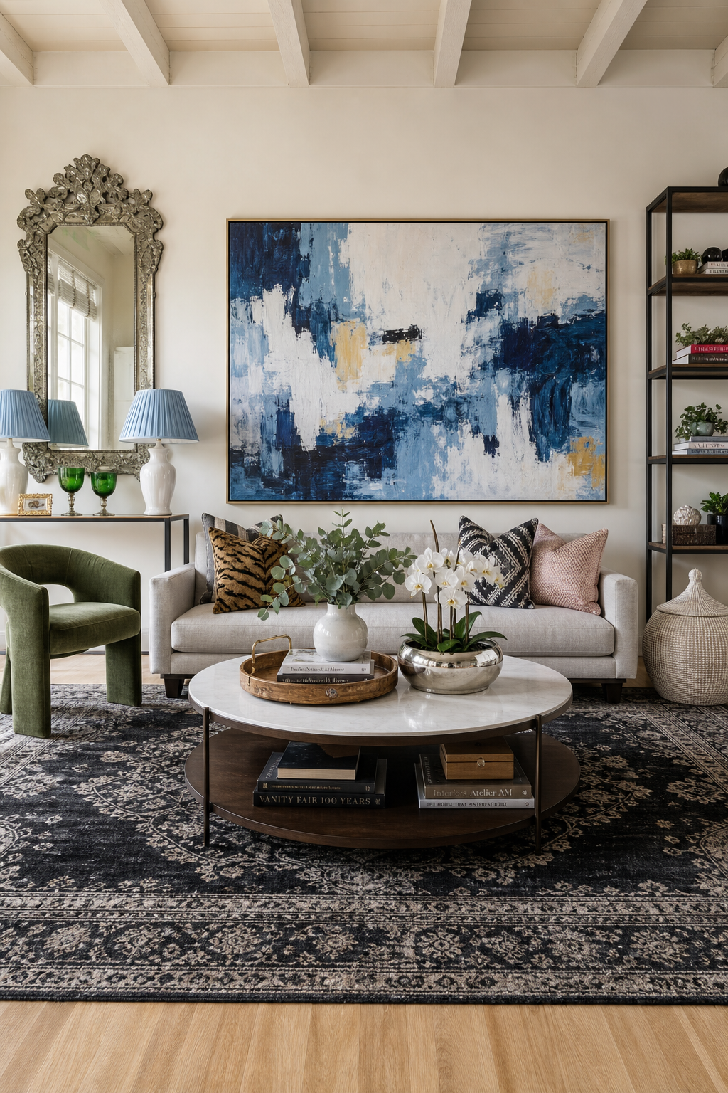 A realistic photograph of a bright, beautifully curated eclectic modern living room that …