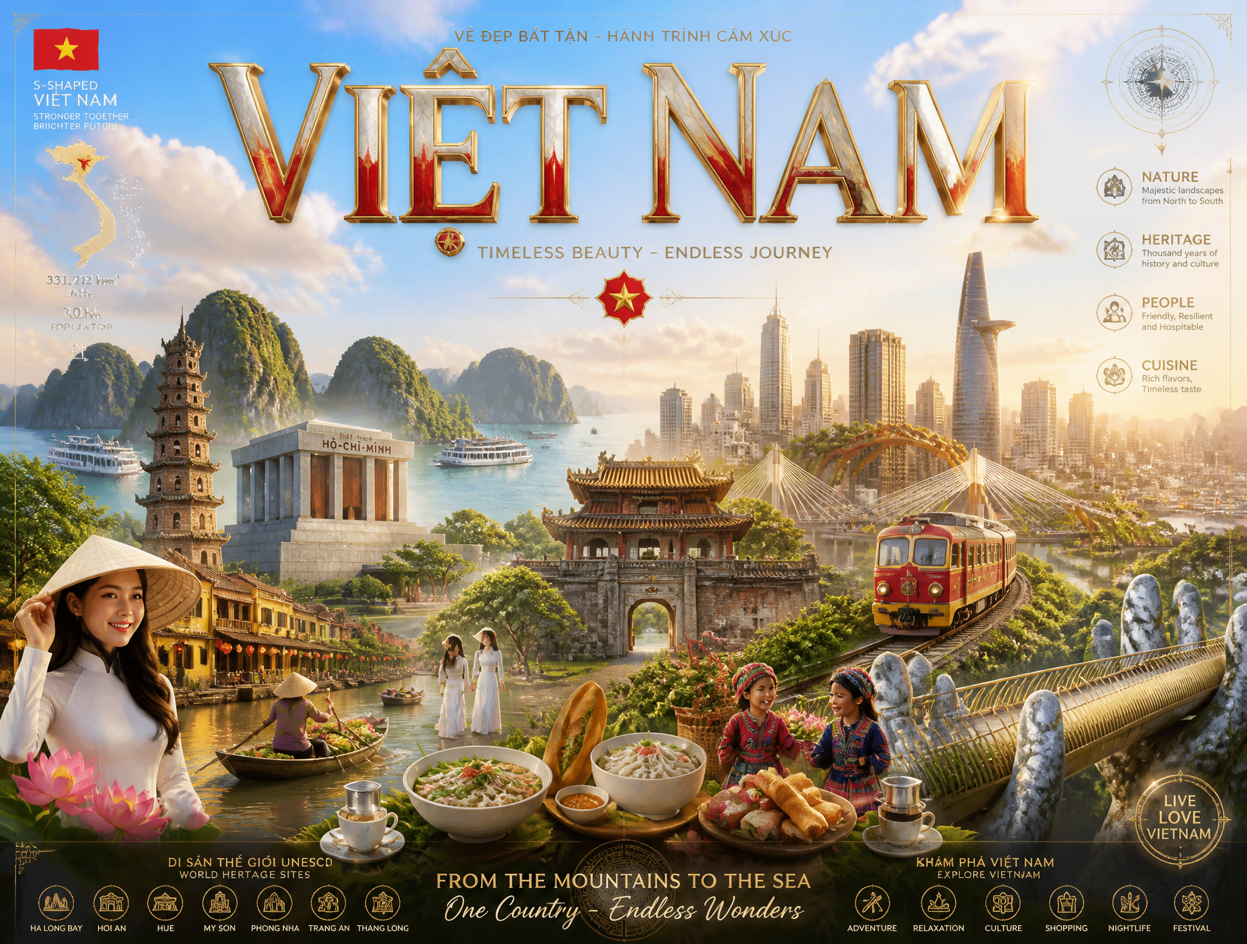 Ultra-premium cinematic 3D travel poster for VIỆT NAM, bright luxury aesthetic, soft sunl…
