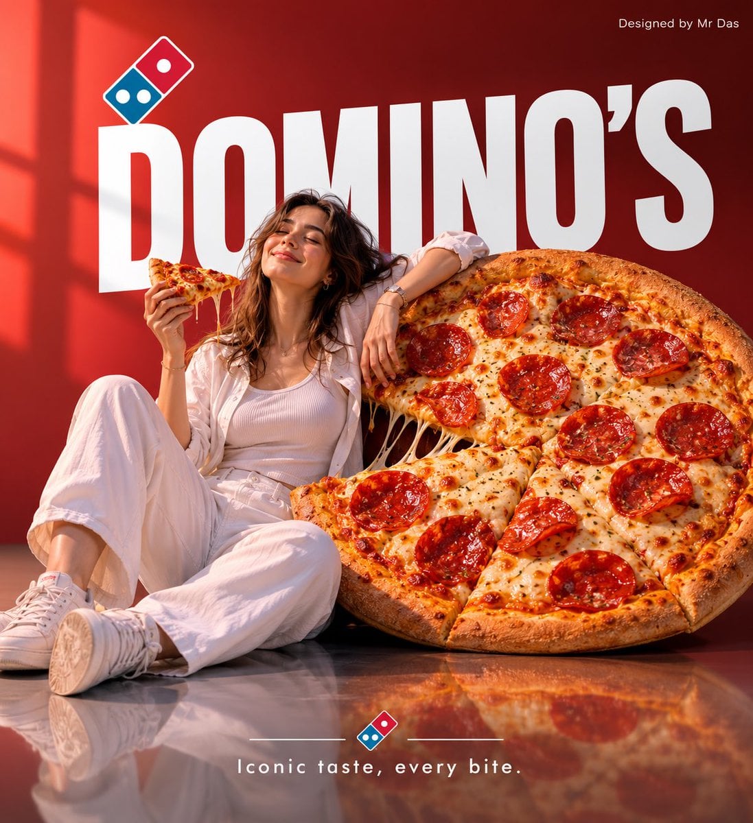 Minimalist commercial ad featuring oversized Domino’s Pepperoni Pizza, ultra-clean design…