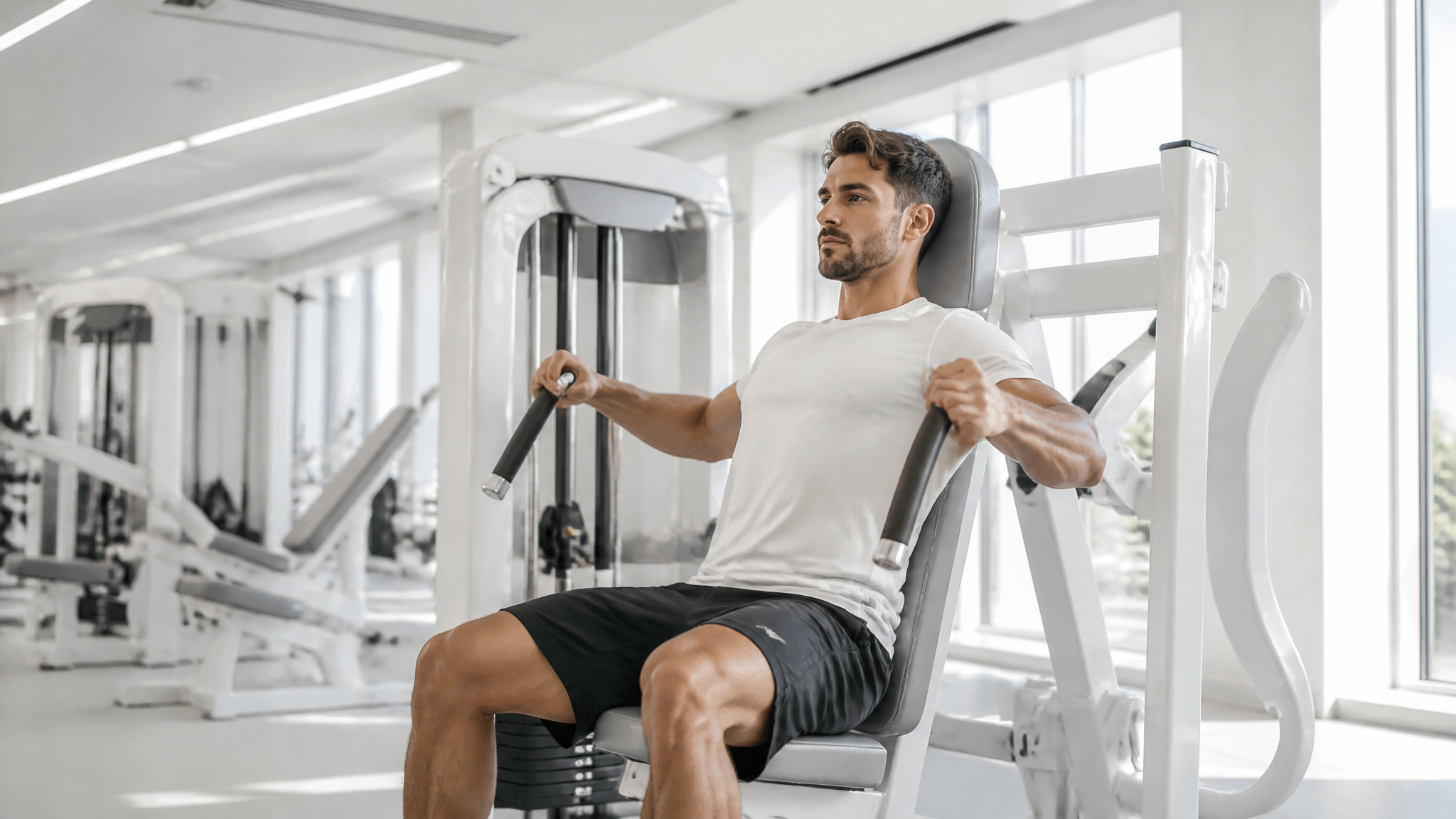 Ultra-realistic athletic man using a premium gym machine, positioned slightly right of ce…
