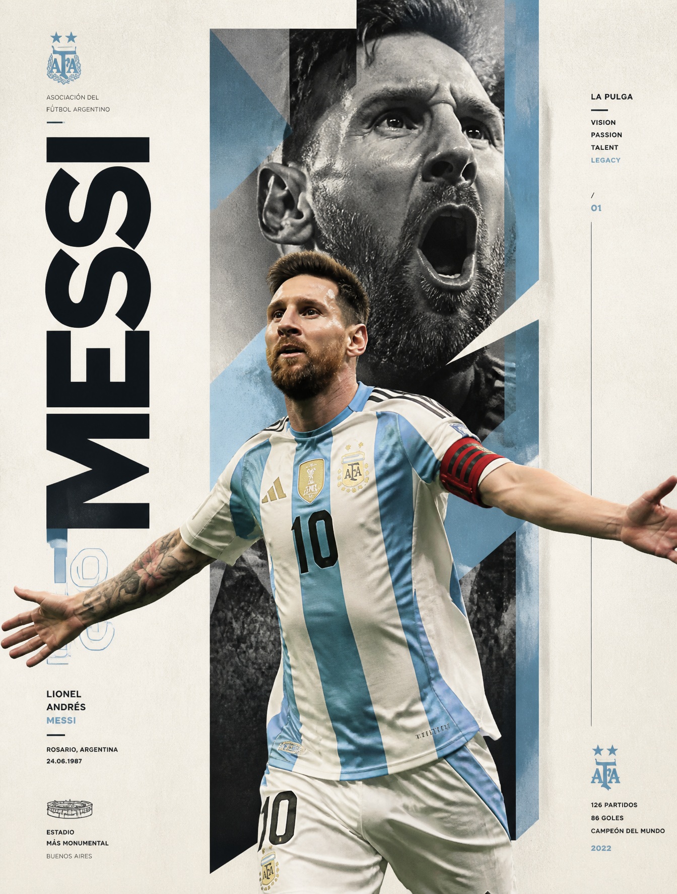 Create an ultra-premium sports poster featuring Lionel Messi in a contemporary editorial …