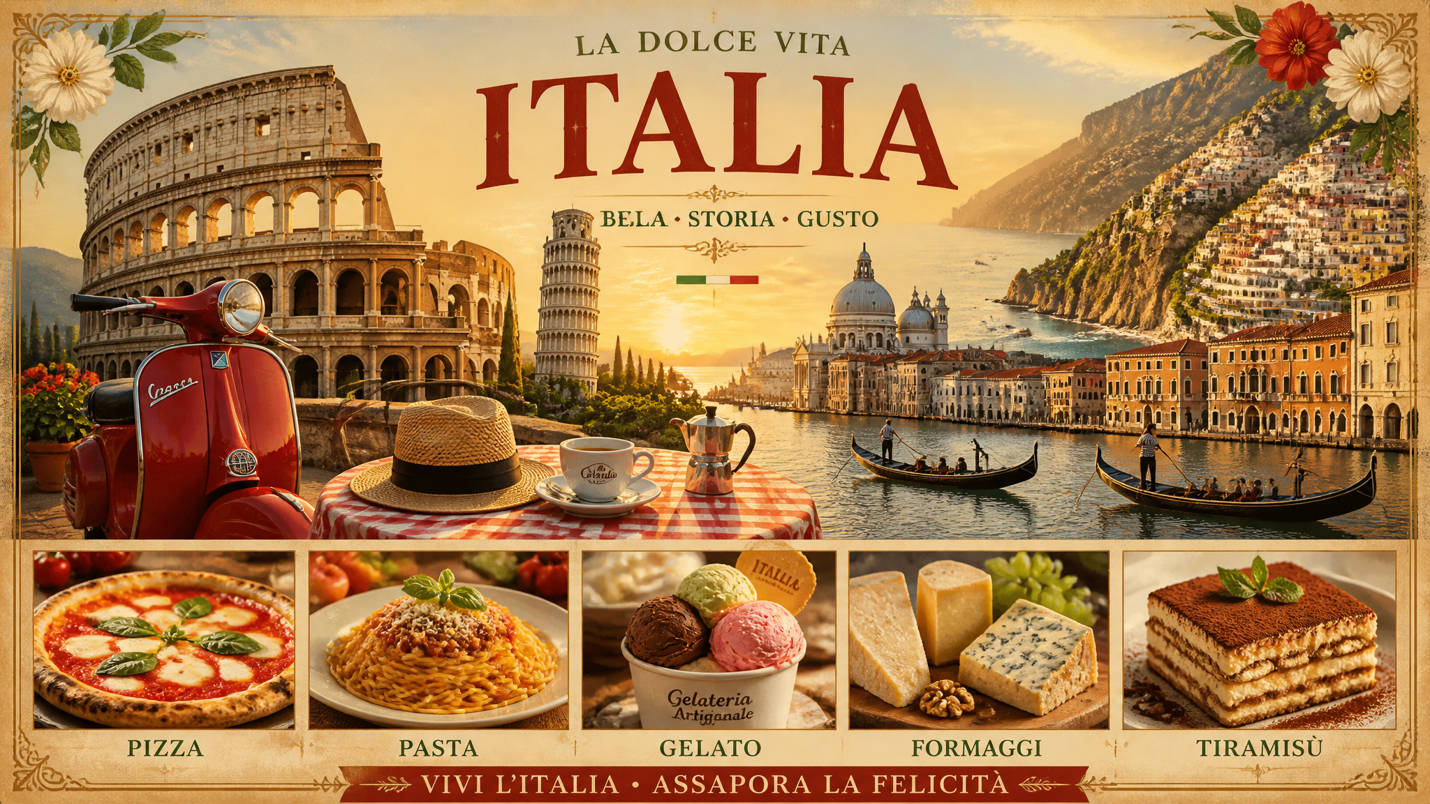 A composite travel poster montage showcases iconic Italian landmarks integrated into a un…