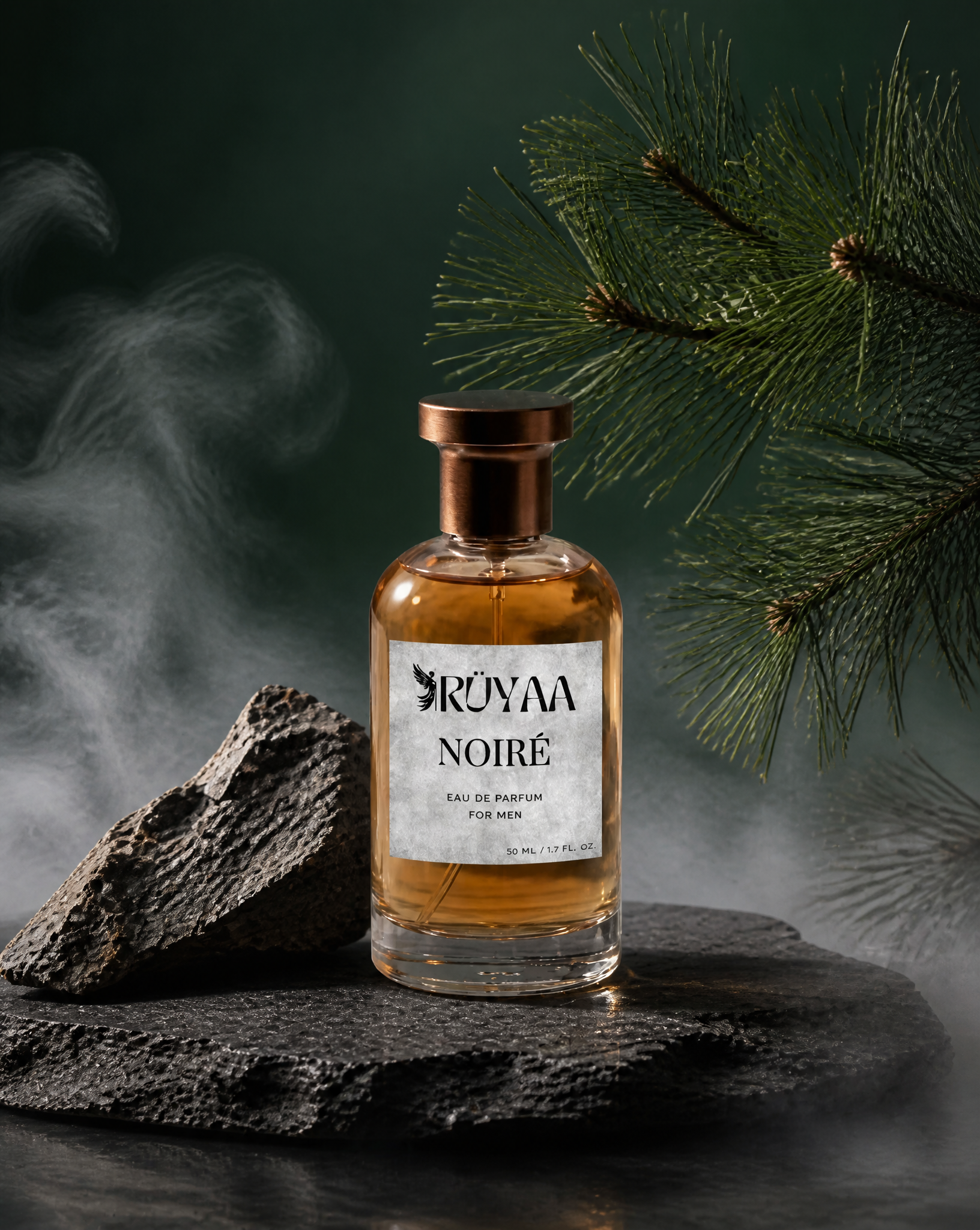 A perfume bottle sits centered on a rough-hewn slate slab, positioned alongside a jagged,…