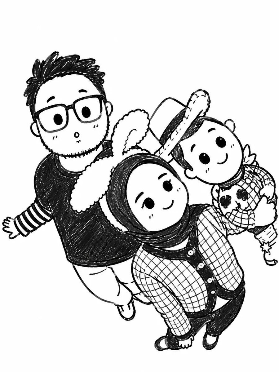 Turn the uploaded photo into a cute black-and-white hand-drawn doodle illustration. Prese…